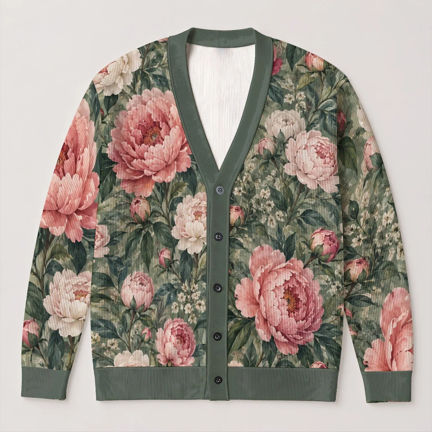 Blush Peony Florals for Relaxed Everyday Layering, Feminine Streetwear for Women All-over Print Knitted Cardigan - 1
