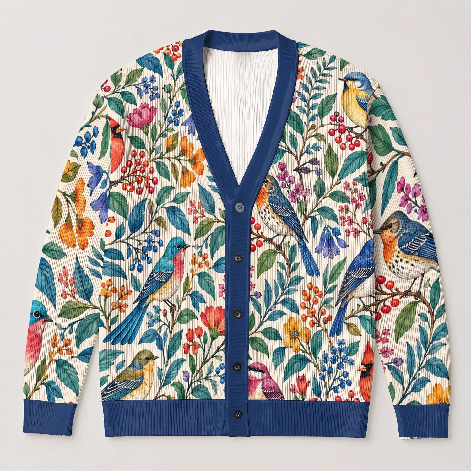Colorful Bird And Botanical Motifs For Artistic Weekend Layering And Garden Strolls All-over Print Knitted Cardigan - 1
