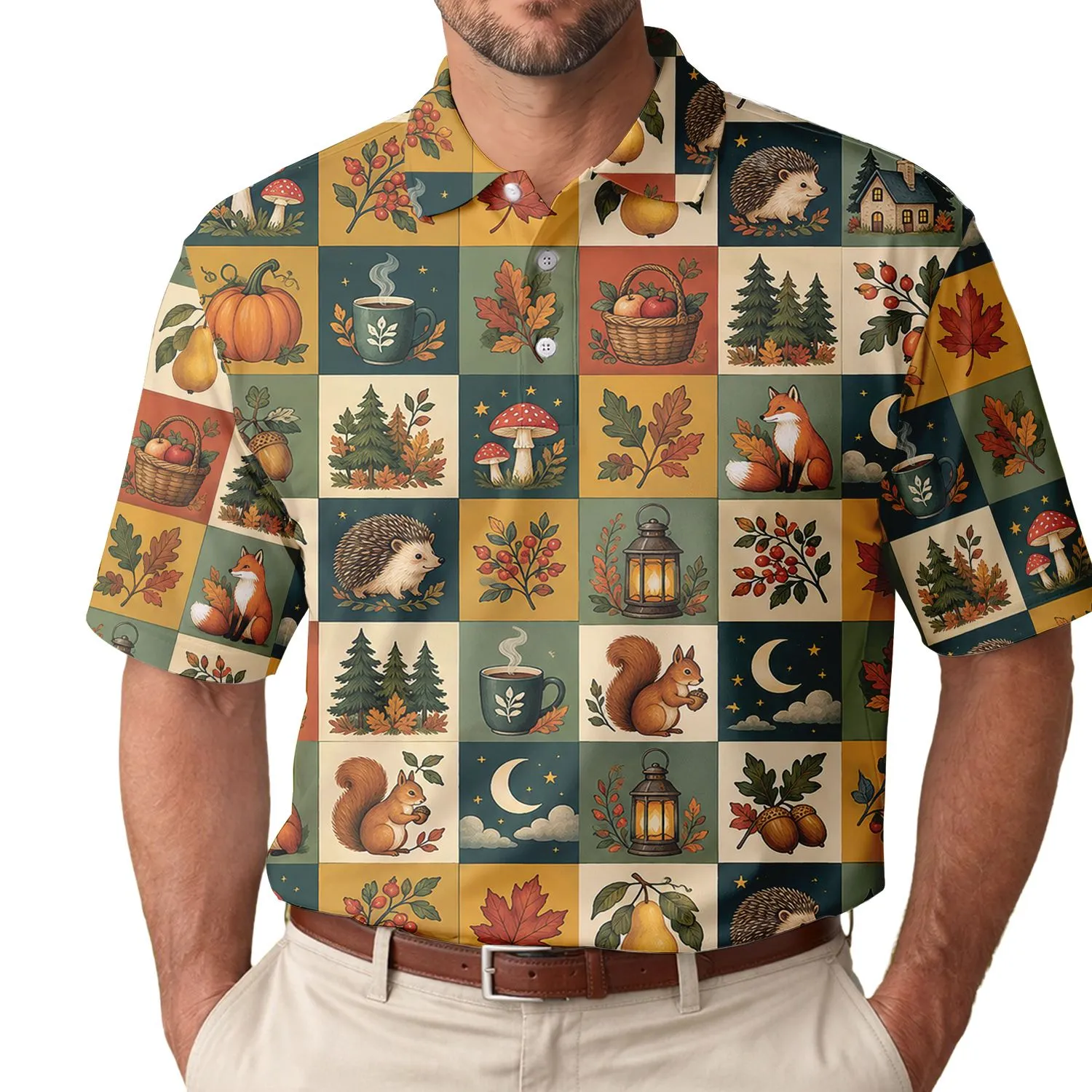 Autumn Woodland Animals, Pumpkins And Mushrooms For Cozy Fall Cabin Days Outdoors Men's Polo Shirt - 1