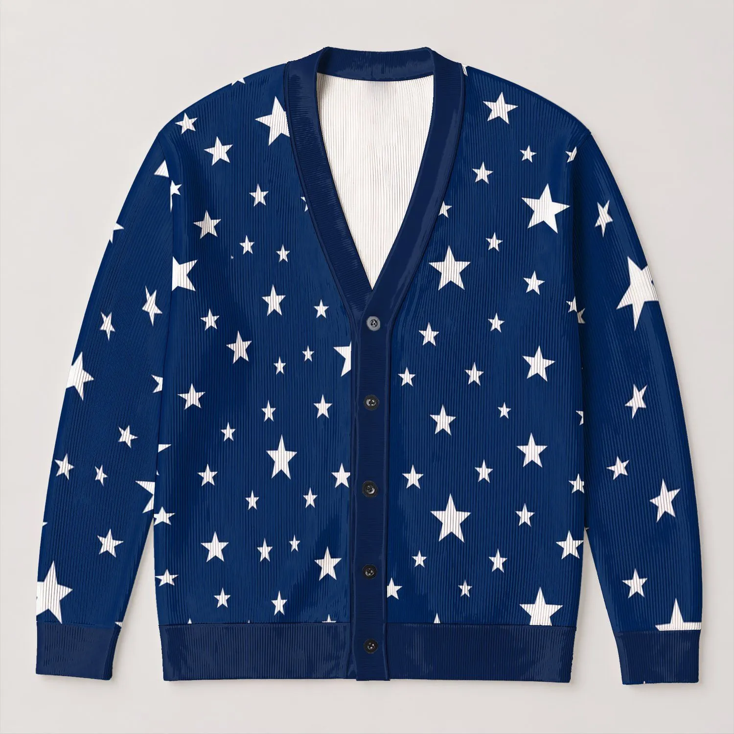 White Star Motif Navy Blue Style for Relaxed Lounging and Everyday Layering Women All-over Print Knitted Cardigan - 1