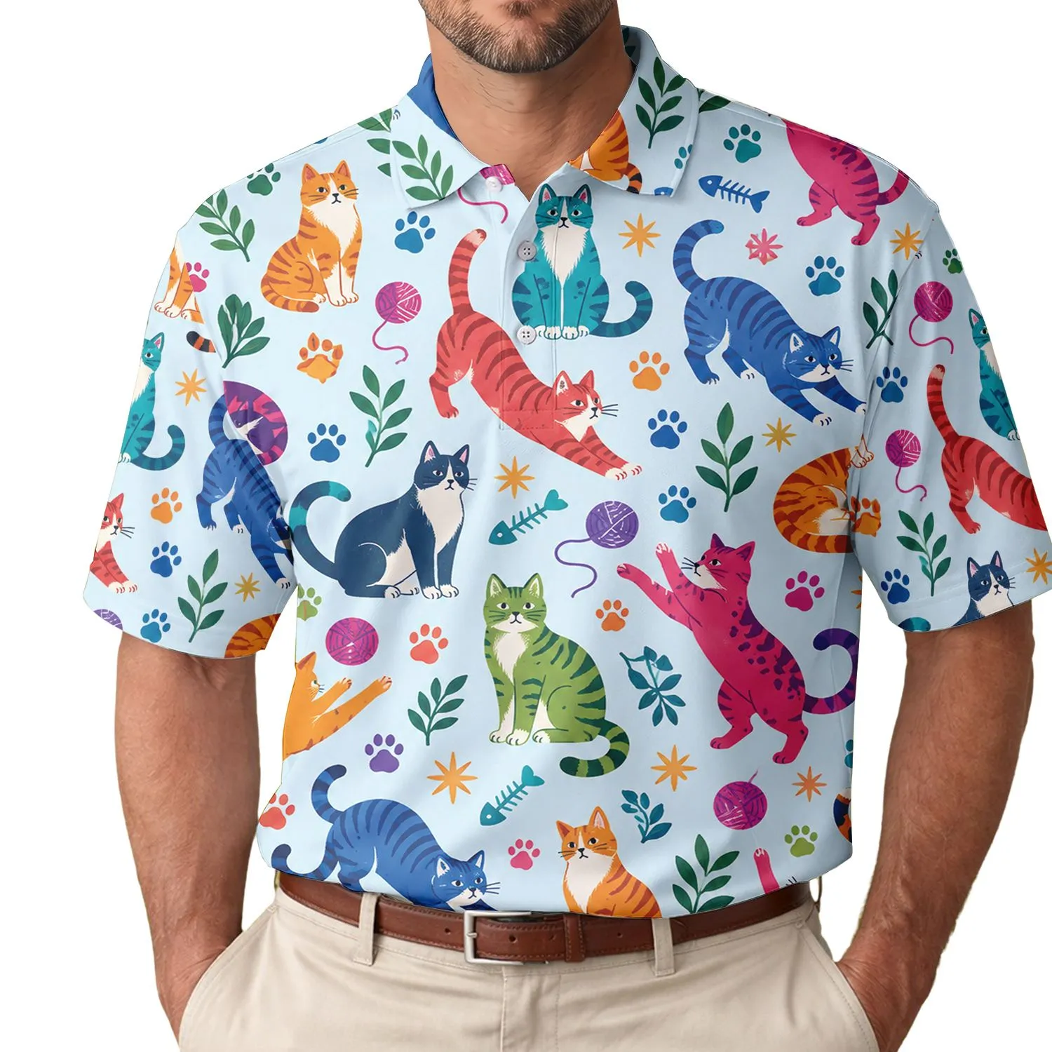 Colorful Cats and Feline Motifs for Playful Summer Outings and Cat Lovers and Pet Fans Men's Polo Shirt - 1