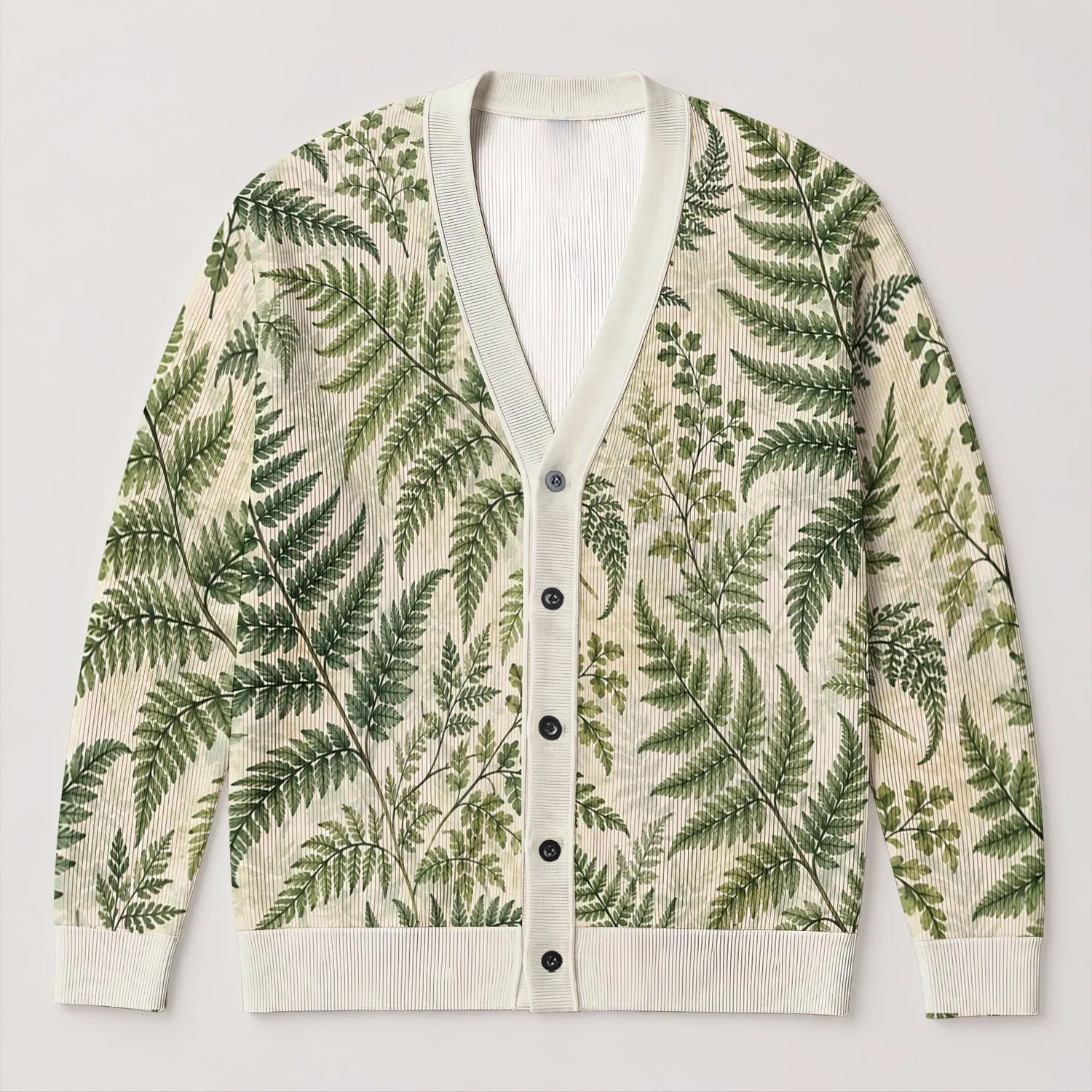 Green Fern Leaves for Nature Walks and Spring Layering, Women's Botanical Style Outfits All-over Print Knitted Cardigan - 1