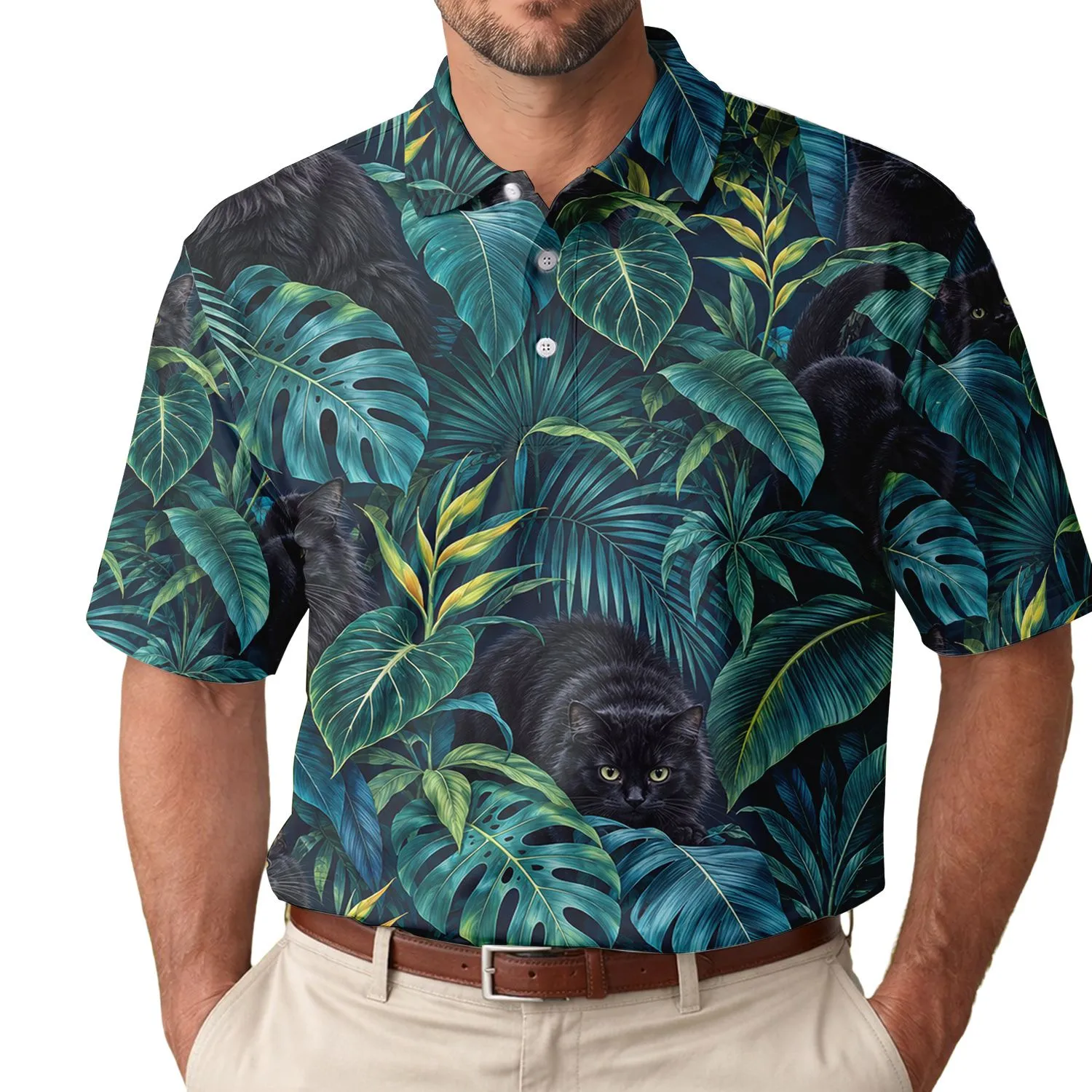 Black Cat Tropical Foliage for Golf Days and Summer Leisure, Cat Lover Women Outdoor Style Men's Polo Shirt - 1