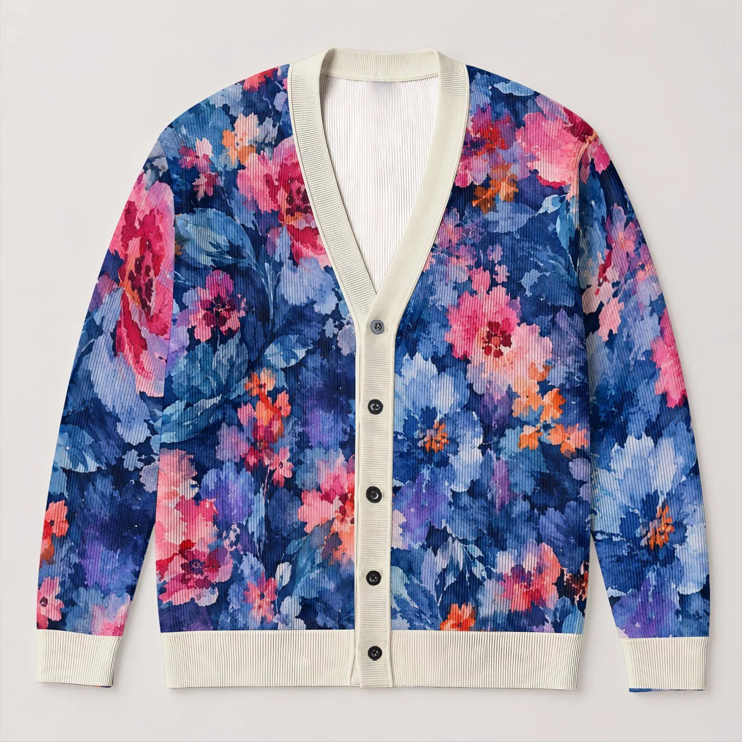 Watercolor Indigo Coral Blooms for Commuting, Gallery Visits, and Weekend Layering All-over Print Knitted Cardigan - 1