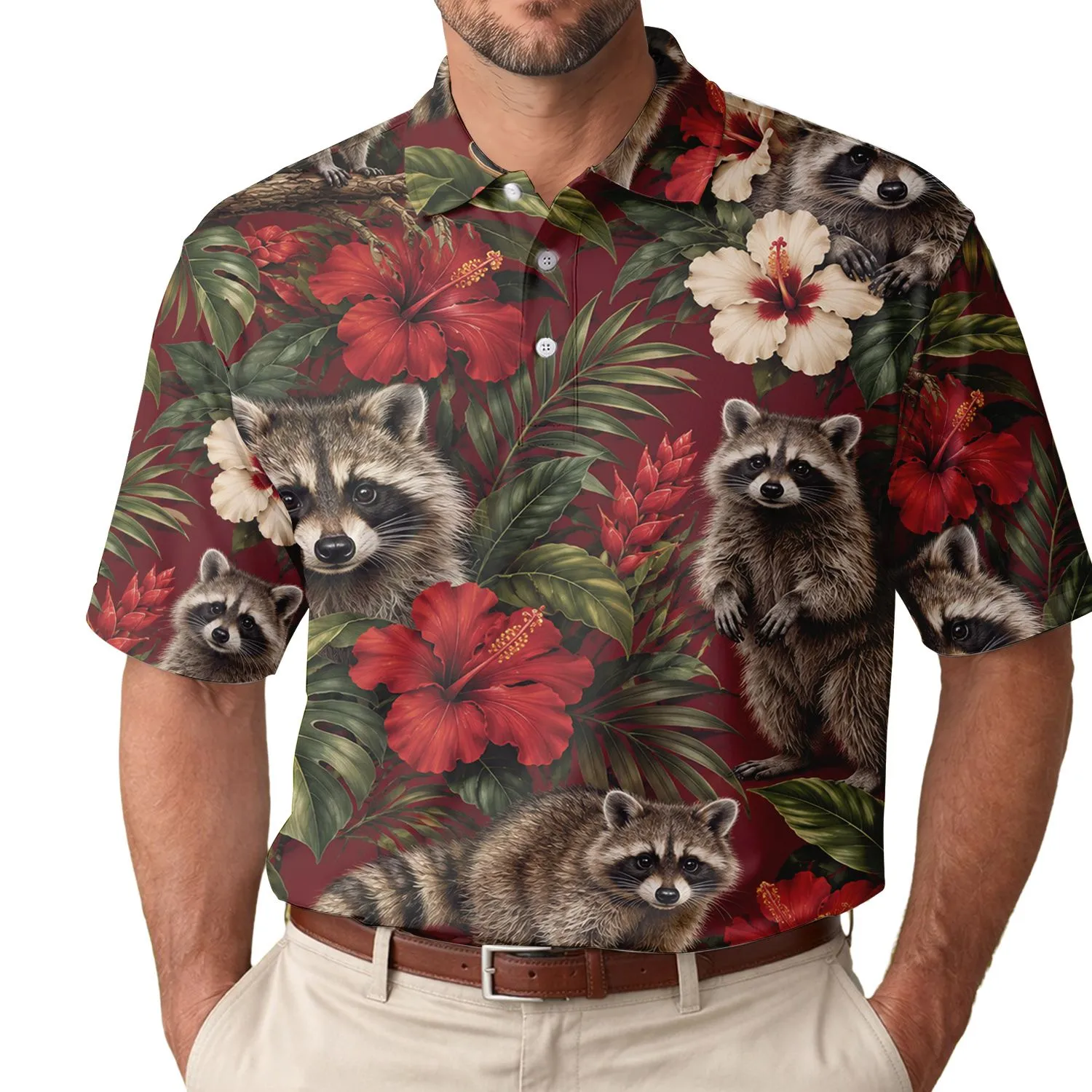 Raccoon Hibiscus Golf Scene For Tropical Fairway Style Women And Weekend Players Men's Polo Shirt - 1