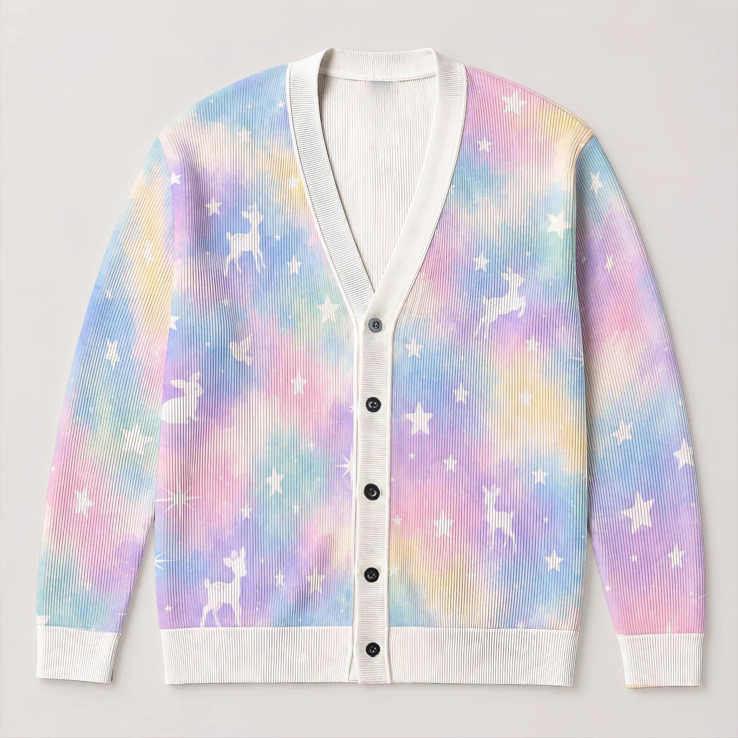 Pastel Tie Dye Stars and Whimsical Animal Motifs for Cozy Loungewear Evenings at Home All-over Print Knitted Cardigan - 1
