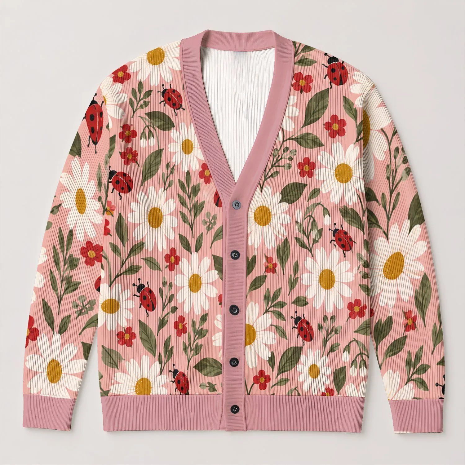Daisy and Ladybug Garden Motifs for Everyday Autumn Layering and Casual Outings for Women All-over Print Knitted Cardigan - 1