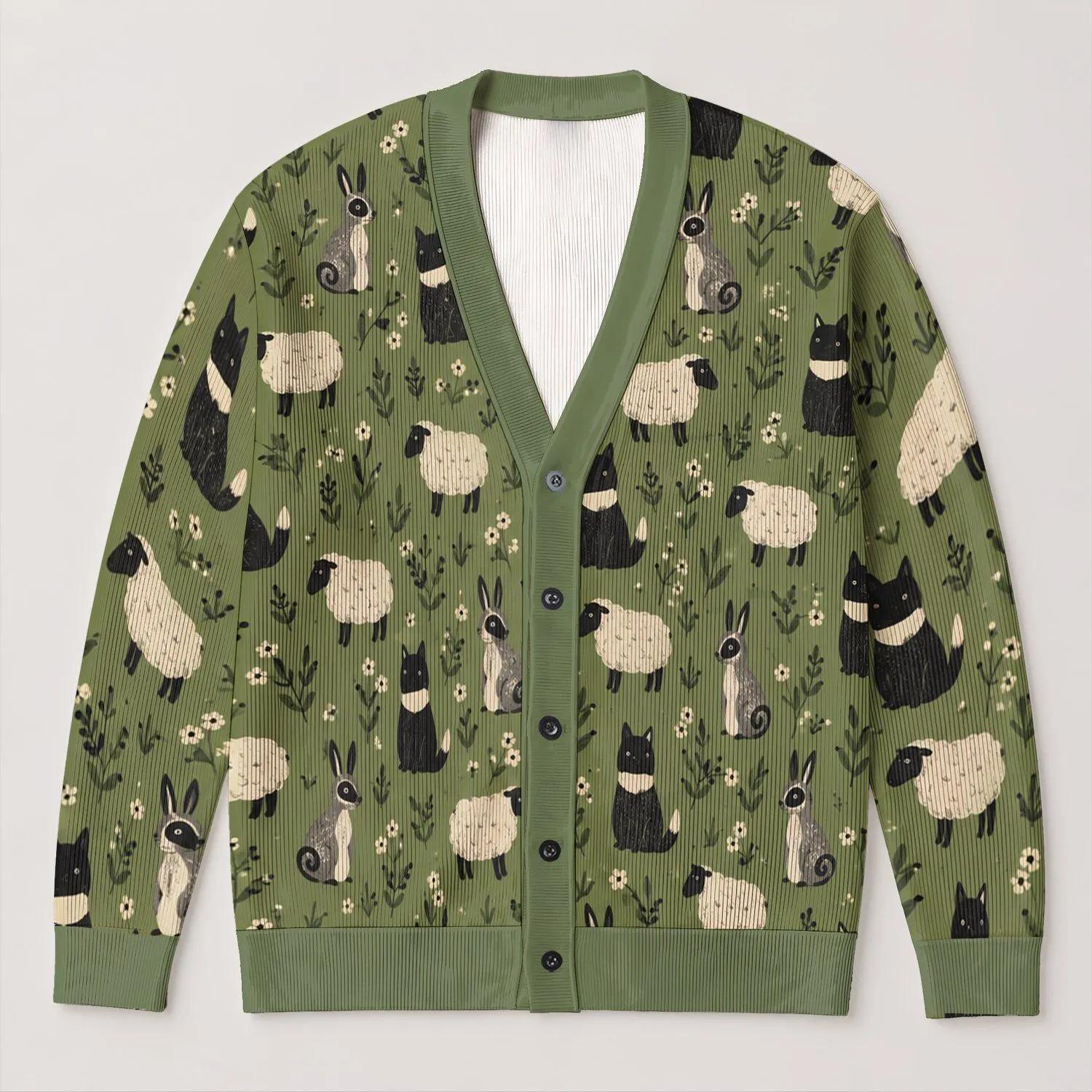 Black And White Sheep With Gray Dog Motifs For Cozy Autumn Weekend Layering, Animal Lovers All-over Print Knitted Cardigan - 1