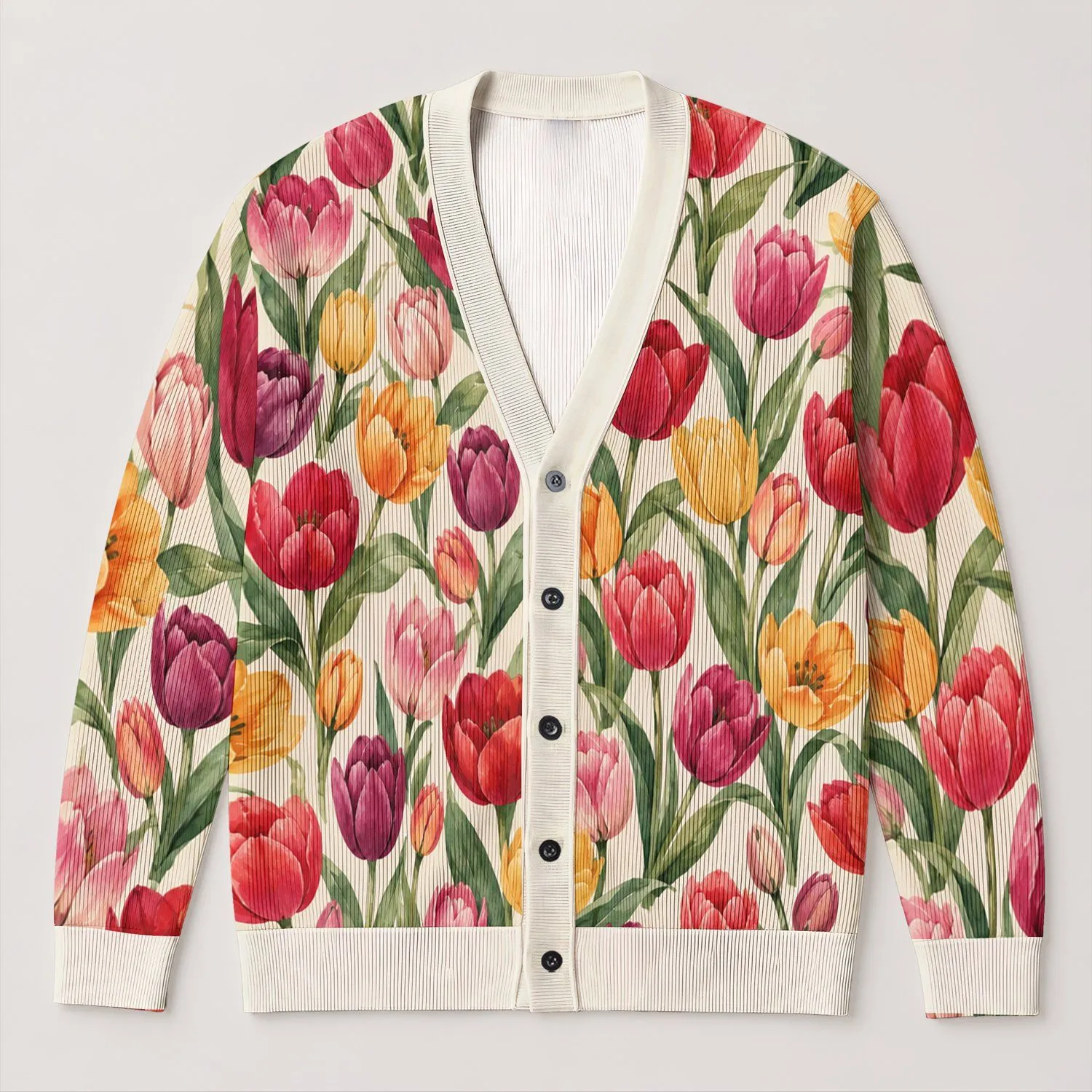 Watercolor Tulip Garden With Rich Jewel Blooms For Autumn Layering And Everyday Style All-over Print Knitted Cardigan - 1