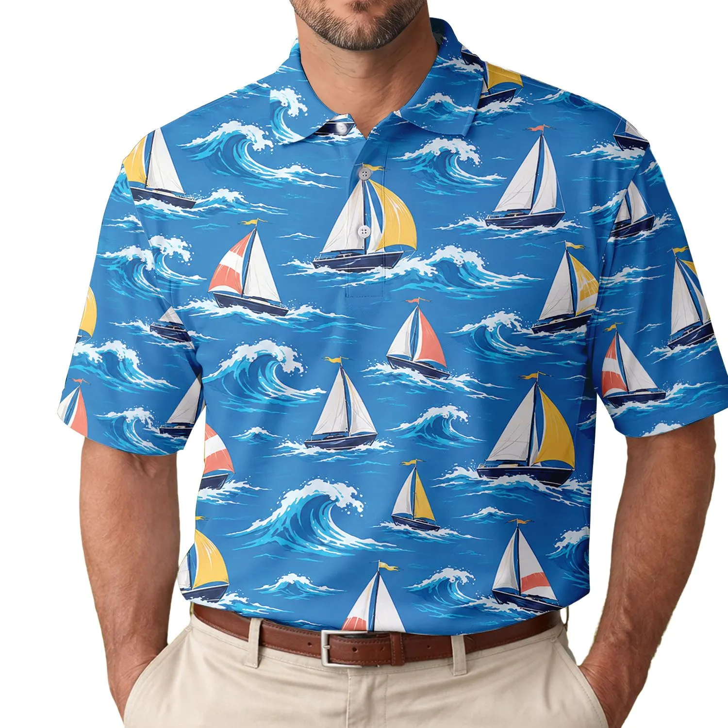 Sailboats and Ocean Waves for Coastal Sailing, Beach Days, Summer Cruises and Getaways Men's Polo Shirt - 1