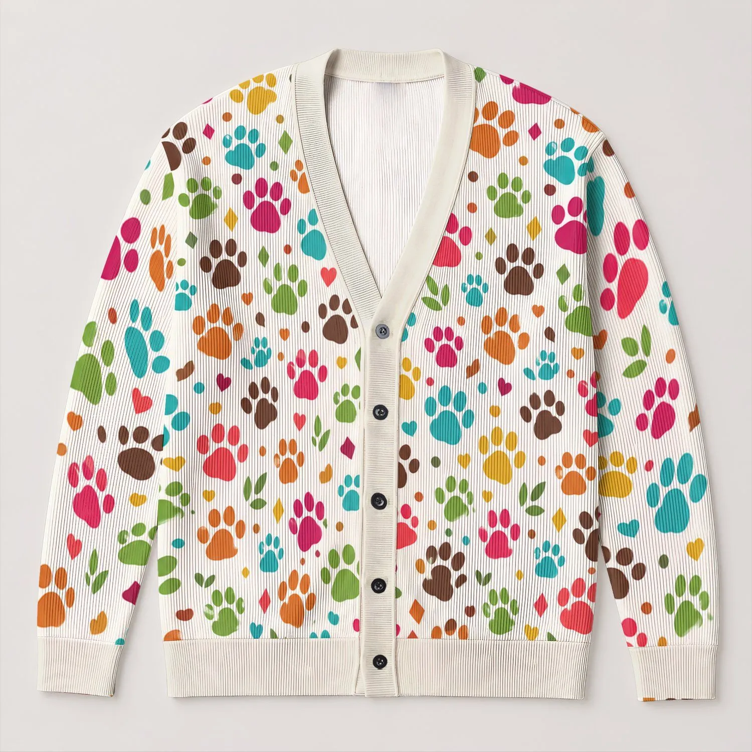 Colorful Paw Print Motifs For Everyday Pet Lover Style And Youthful Spring Layering All-over Print Knitted Cardigan - 1