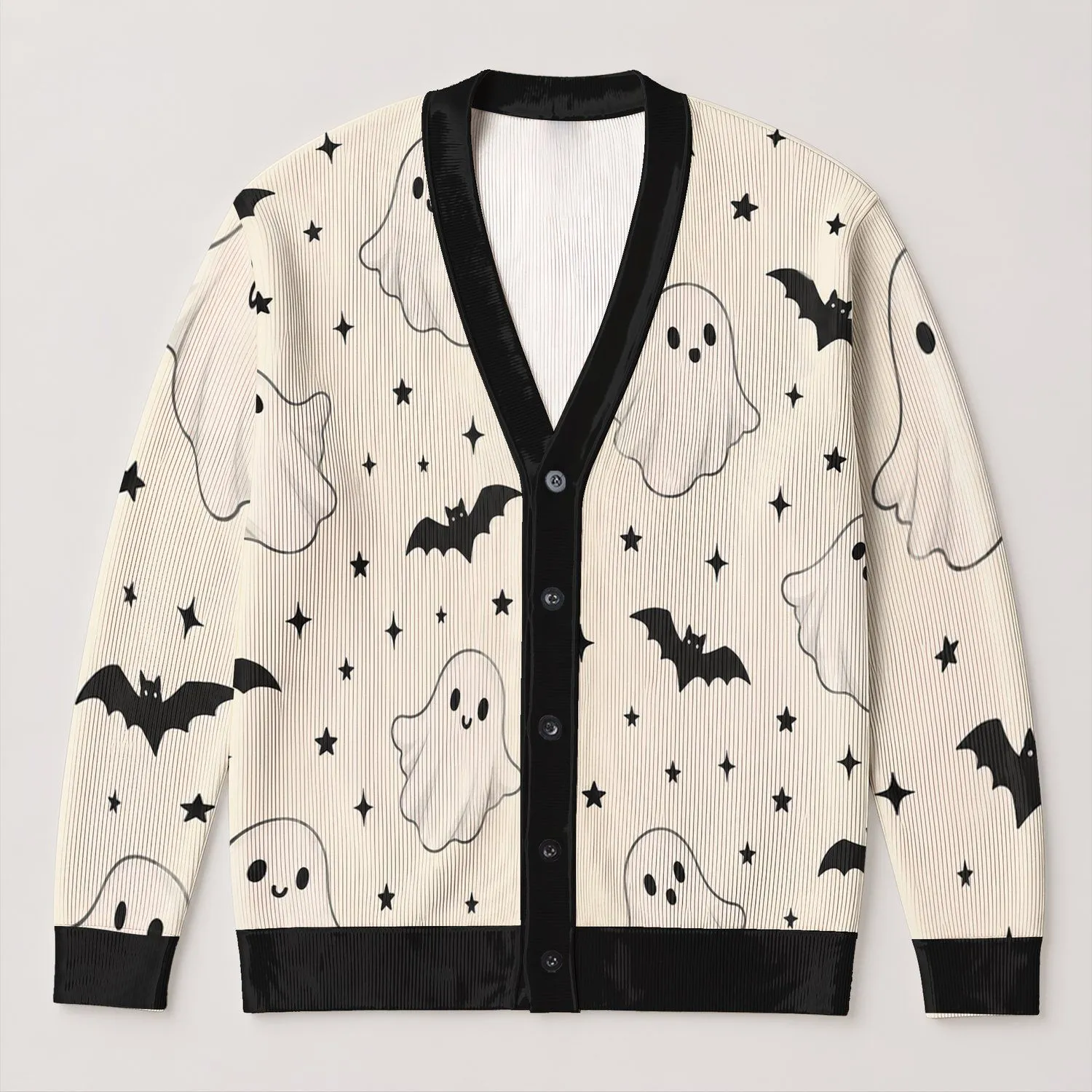 Ghosts And Bats Under A Starry Night For Cozy Autumn Gatherings And Halloween Fans All-over Print Knitted Cardigan - 1