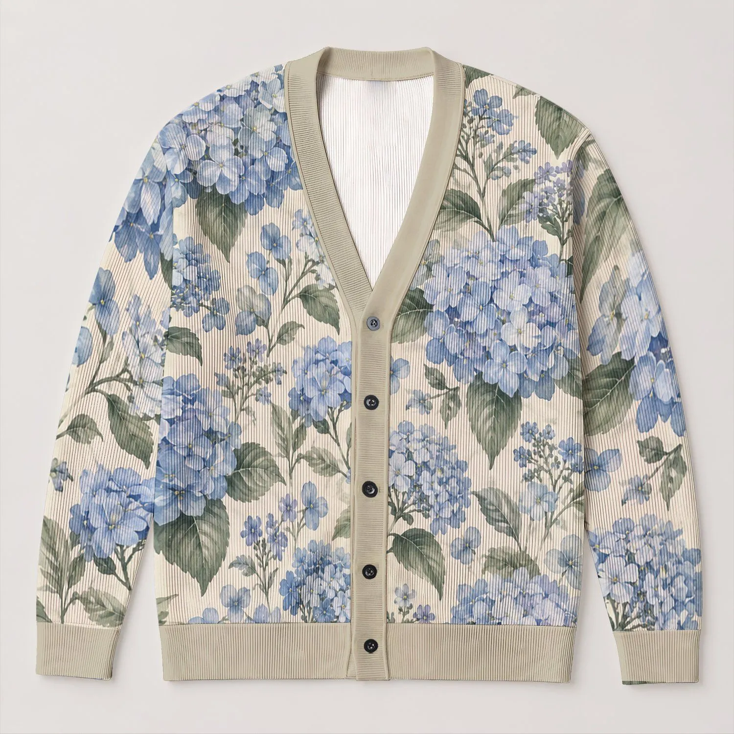 Blue Hydrangea And Sage Botanical Motifs For Relaxed Everyday Layering And Cottage Style All-over Print Knitted Cardigan - 1