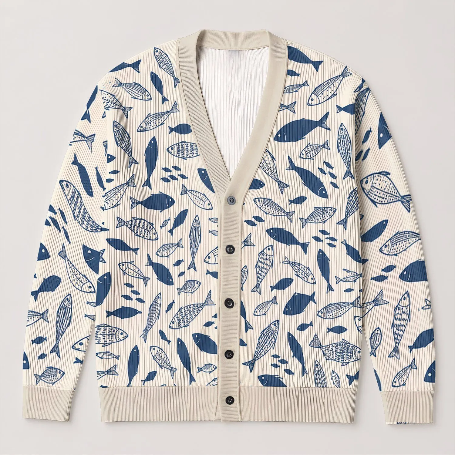 Indigo Fish Motif for Coastal Everyday Layering and Relaxed Women’s Weekend Style Outfits All-over Print Knitted Cardigan - 1