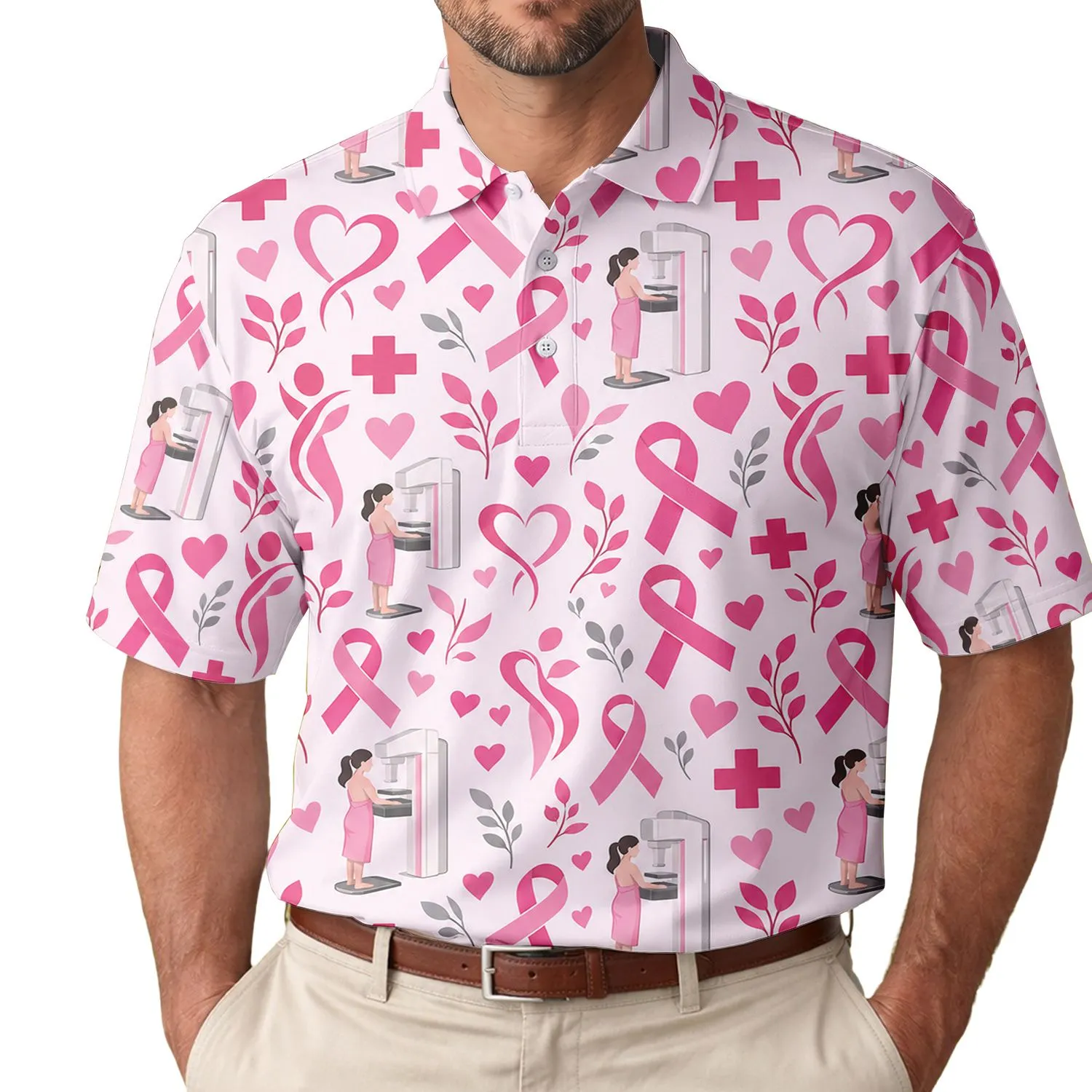 Pink Ribbon Breast Cancer Awareness Motifs for Support Events and Survivor Gifts Men's Polo Shirt - 1