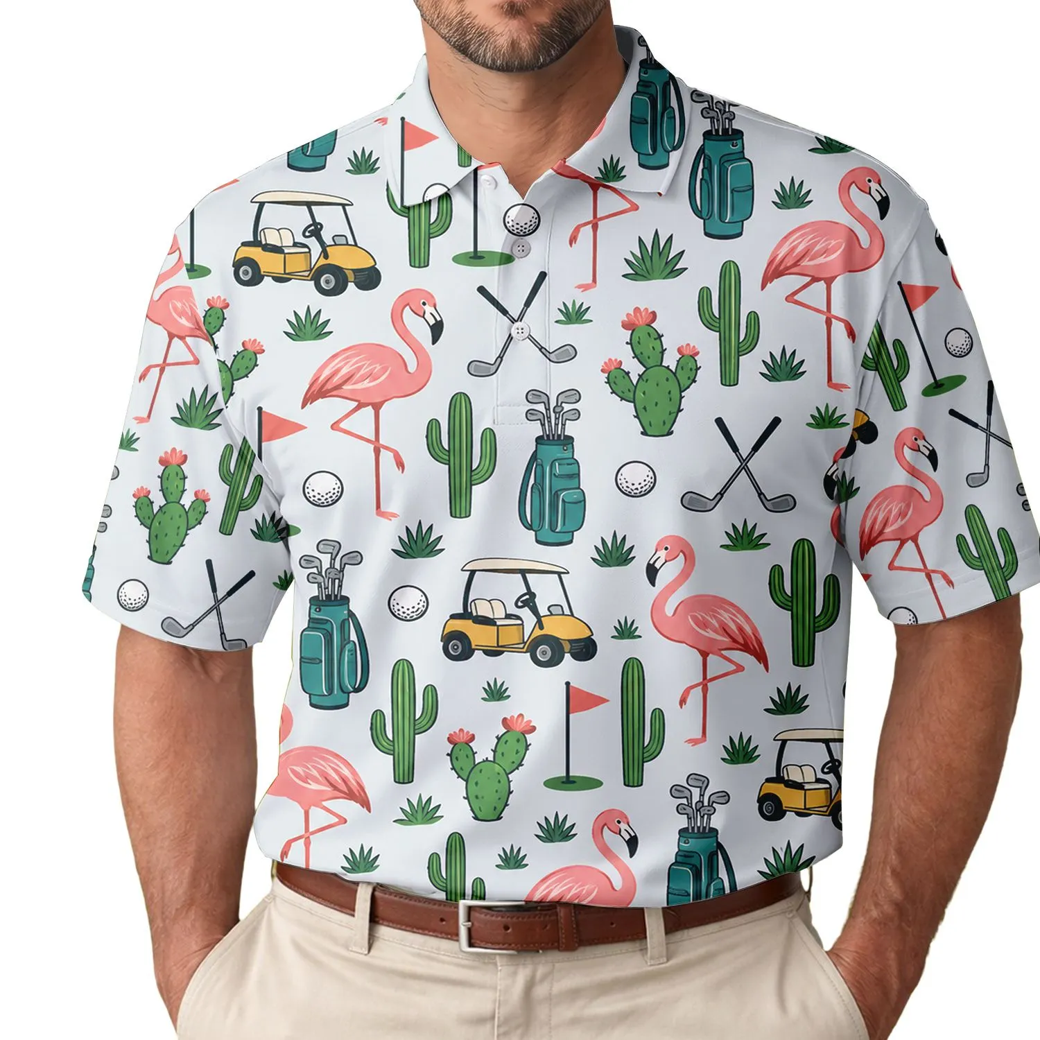 Pink Flamingos, Cacti and Golf Carts for Tropical Summer Golf and Resort Escapes Men's Polo Shirt - 1