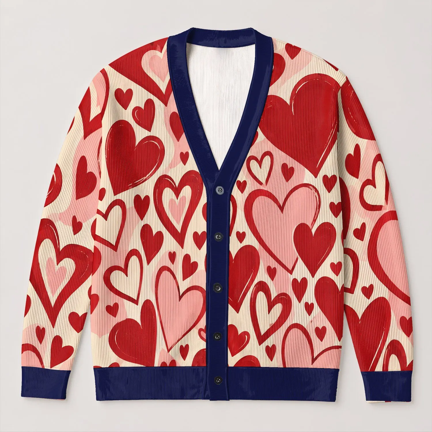 Red and Pink Hearts for Romantic Valentine Outfits and Casual Everyday Layering Looks All-over Print Knitted Cardigan - 1