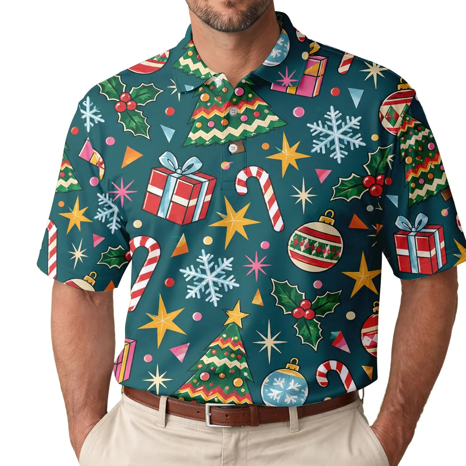 Retro Christmas Golf Icons for Festive Holiday Rounds and Weekend Sports Fans Everywhere Men's Polo Shirt - 1