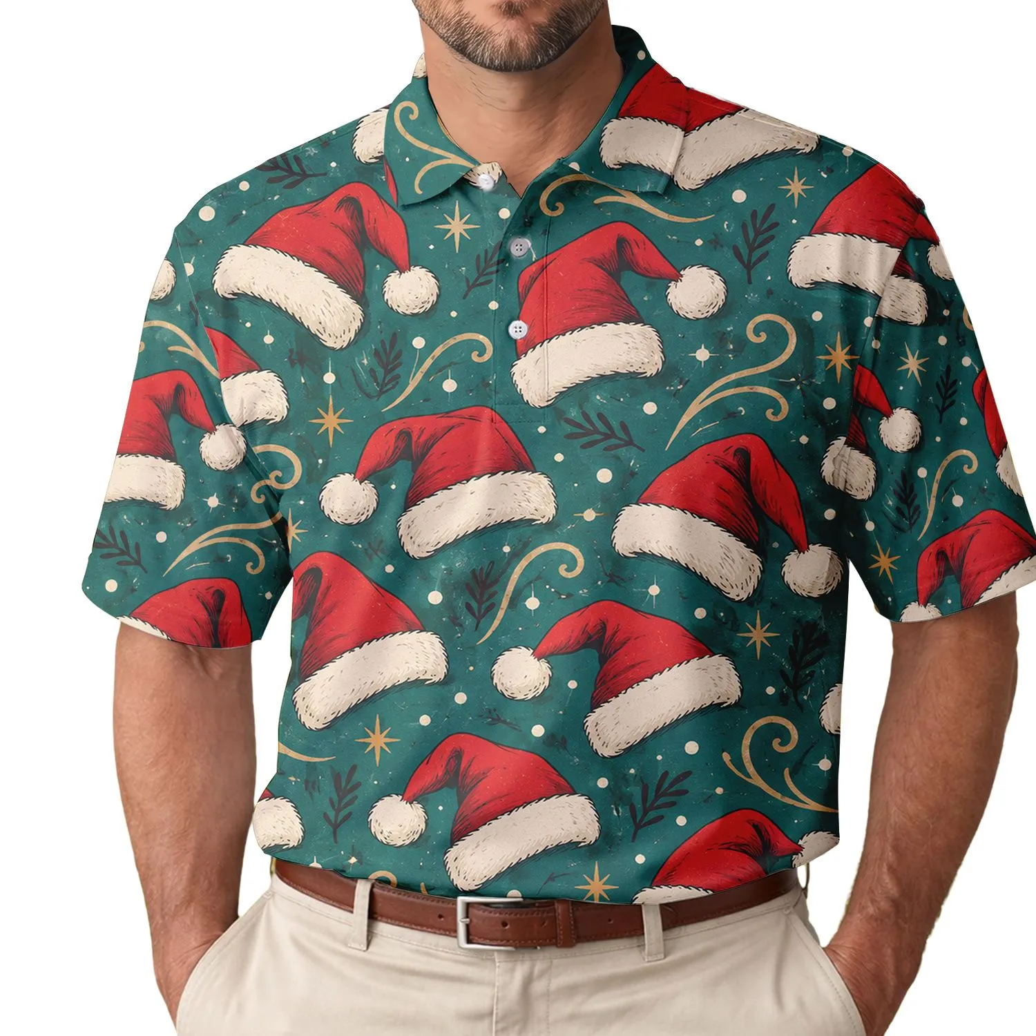 Santa Hat Holiday Golf Style Christmas Cheer for Festive Players and Merry Golf Fans Men's Polo Shirt - 1