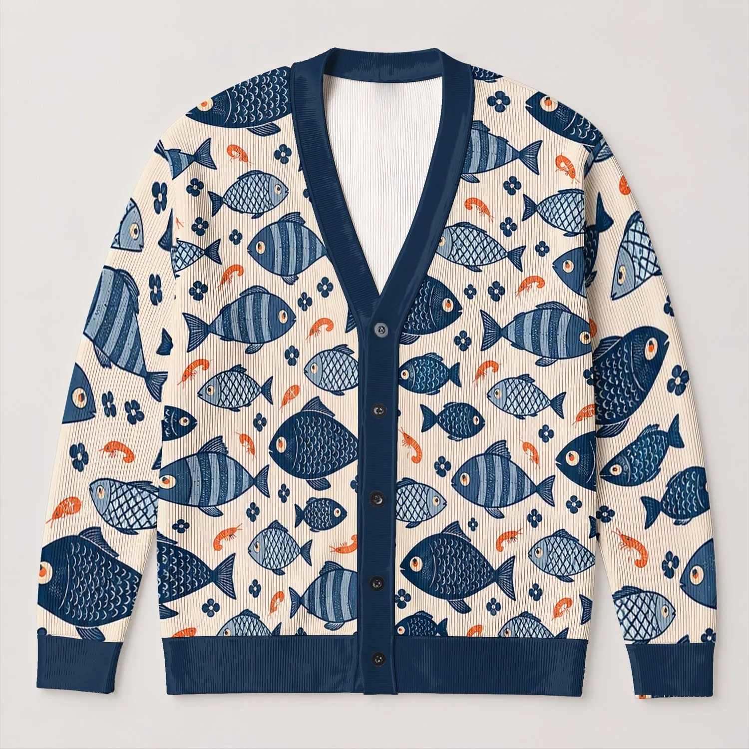 Navy Fish Motif With Coastal Charm for Relaxed Weekend Layering and Everyday Wear All-over Print Knitted Cardigan - 1