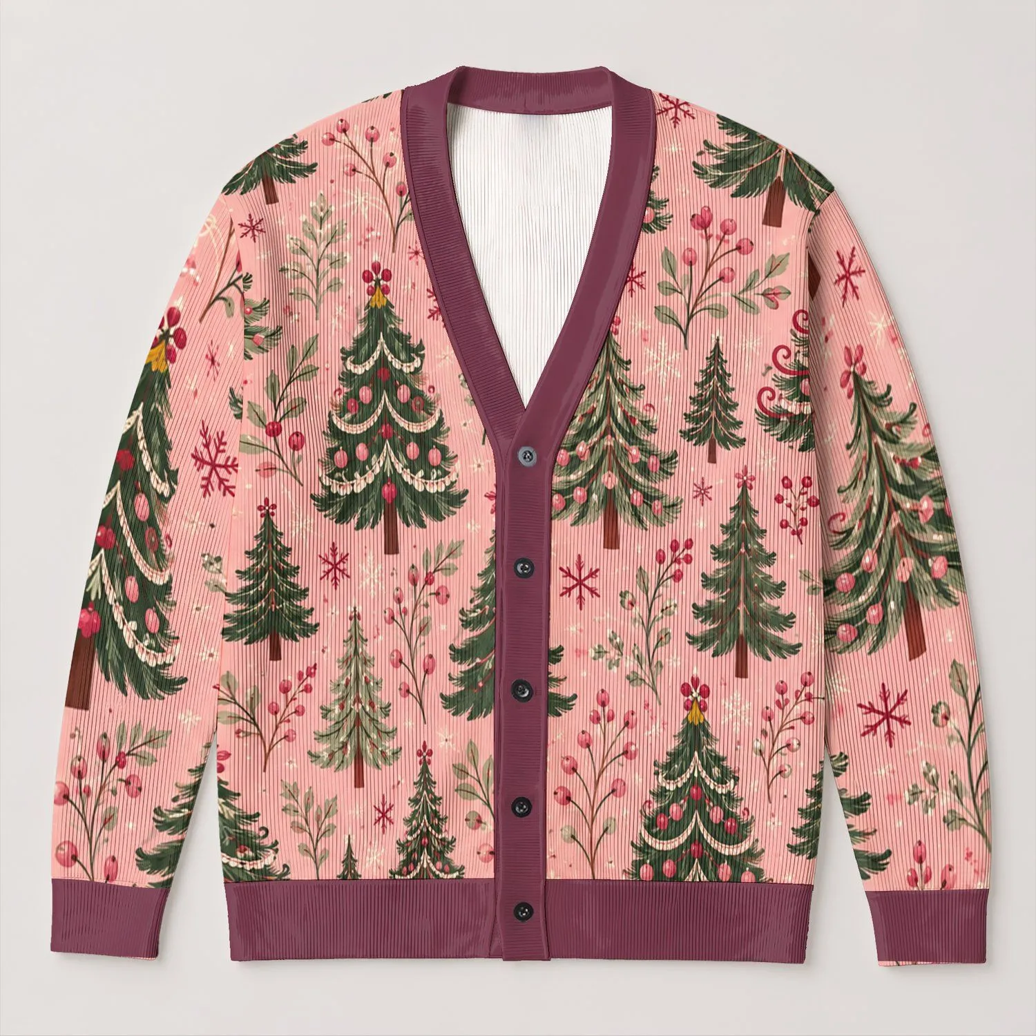 Pink Christmas Tree Holiday Botanical Winter Motifs For Festive Everyday Layering Women All-over Print Knitted Cardigan - 1