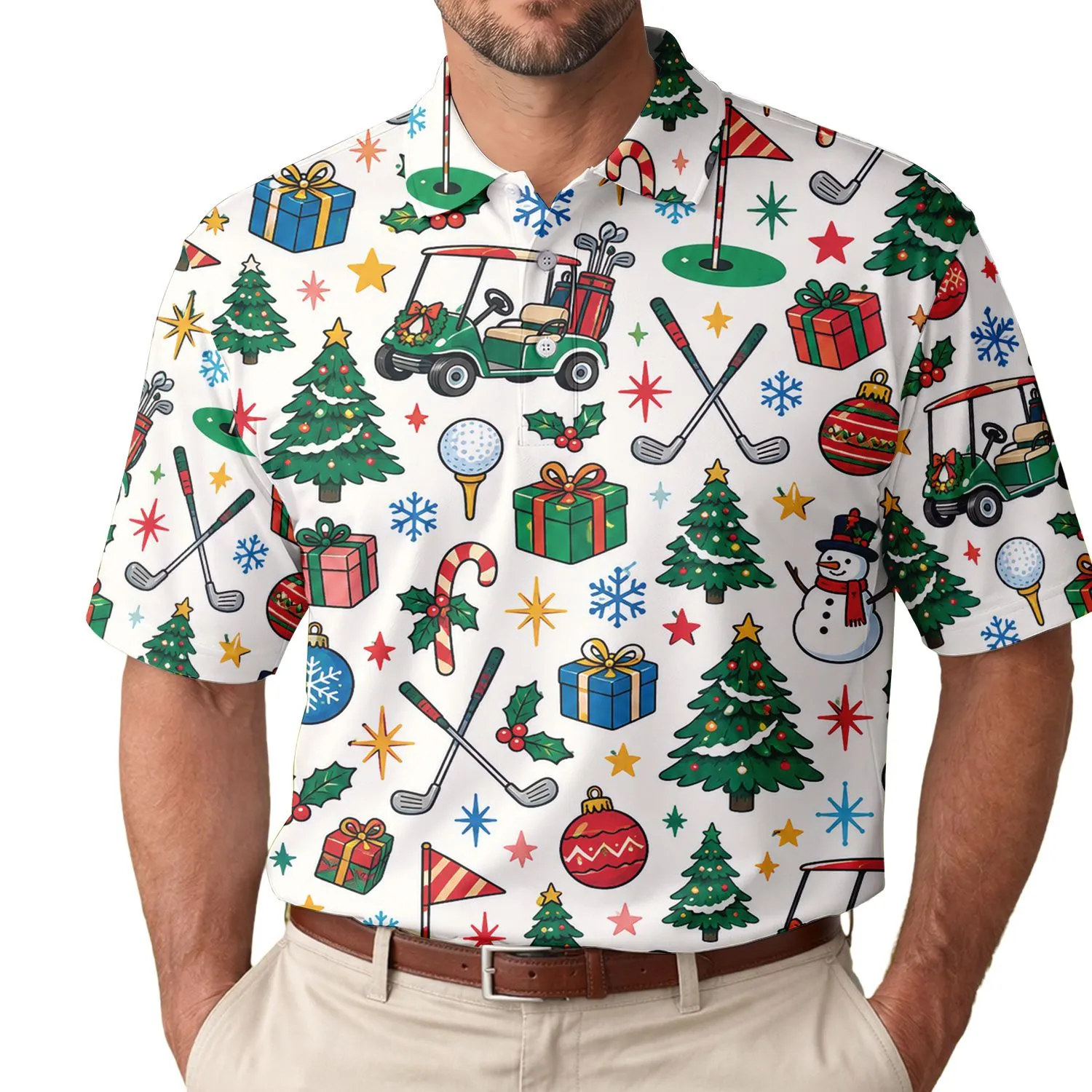 Retro Christmas Golf Icons for Festive Holiday Fairways and Winter Rounds with 80s Cheer Men's Polo Shirt - 1