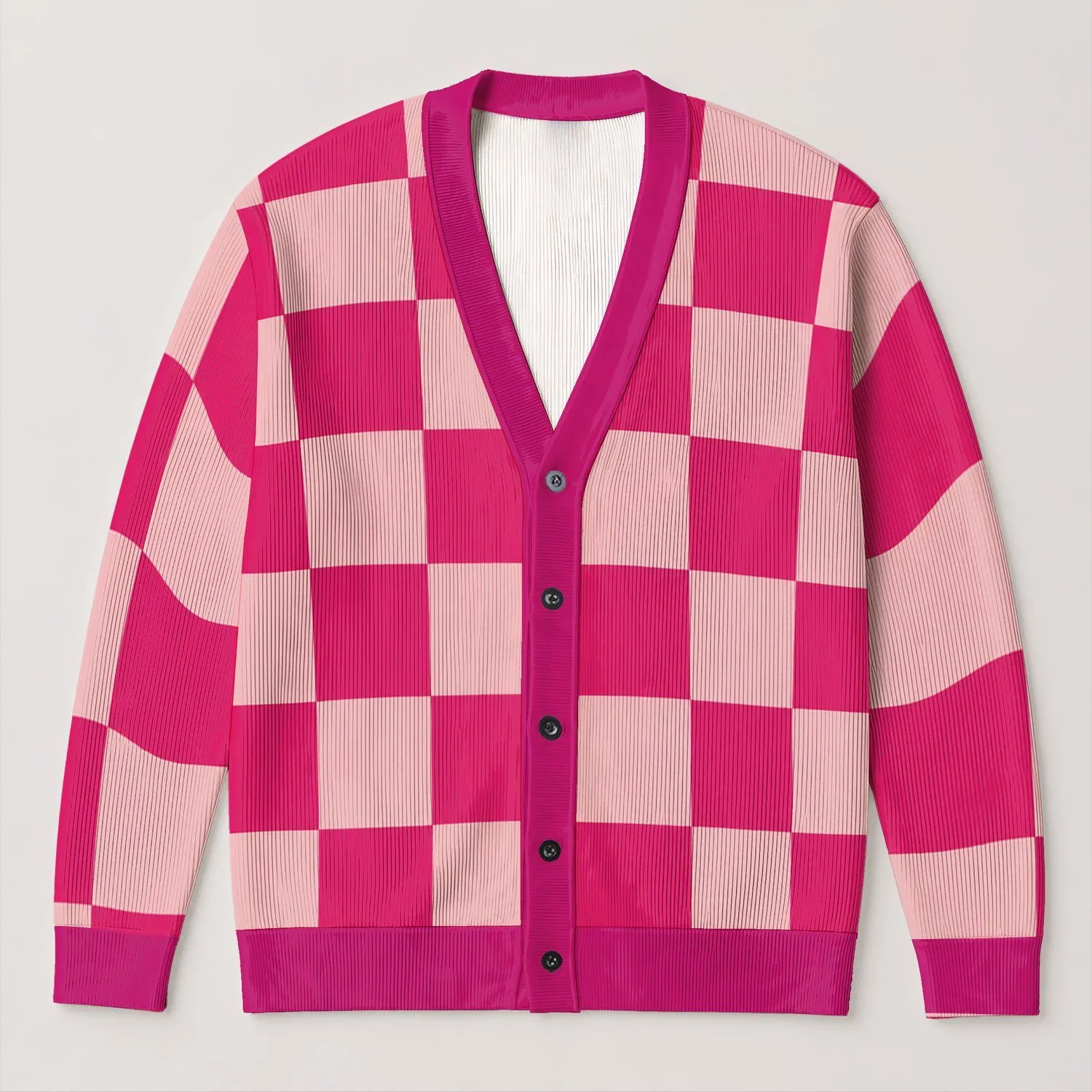 Pink White Checkerboard Blocks For Casual Street Style And Fall Layering For Women All-over Print Knitted Cardigan - 1