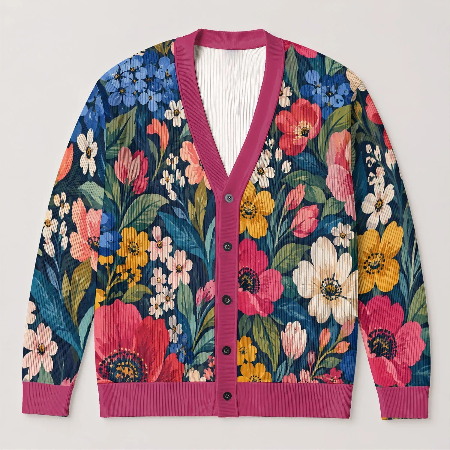 Colorful Floral Garden Blooms for Everyday Layering, Weekend Style, and Casual Womenswear All-over Print Knitted Cardigan - 1