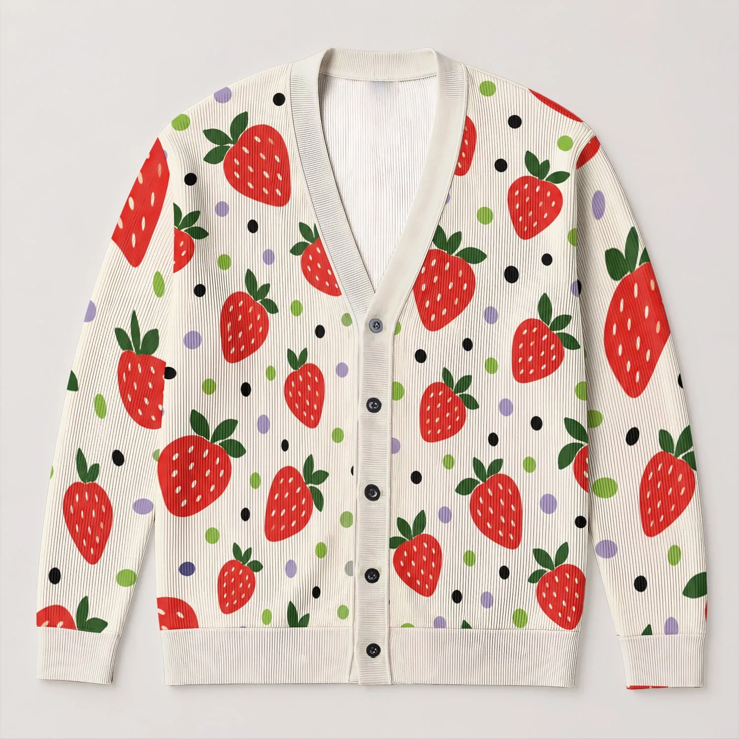 Strawberry Polka Dot Casual Style For Spring Summer Layering And Relaxed Daily Wear All-over Print Knitted Cardigan - 1