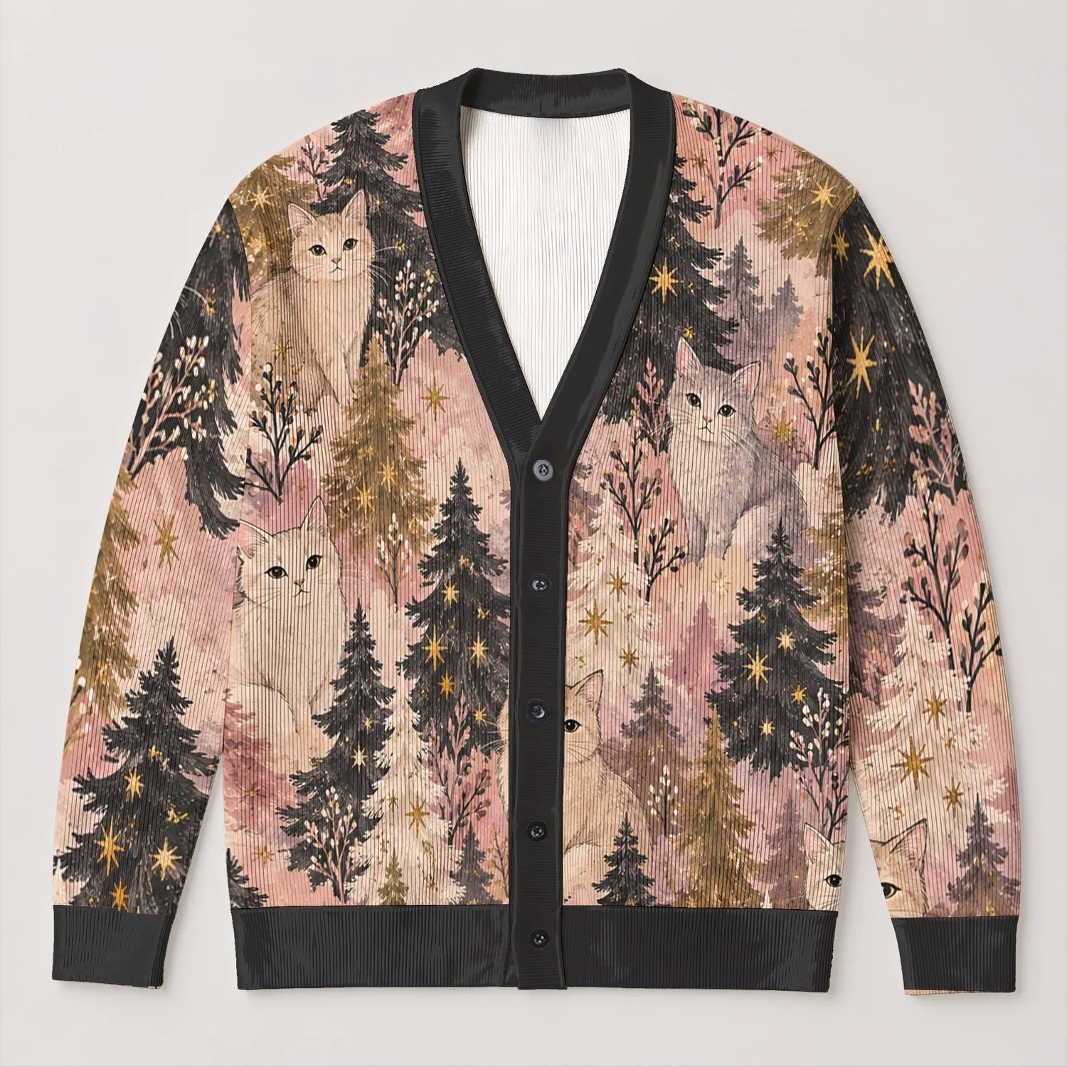 Festive Forest Cats And Evergreen Trees For Cozy Holiday Layering And Winter Gifting All-over Print Knitted Cardigan - 1