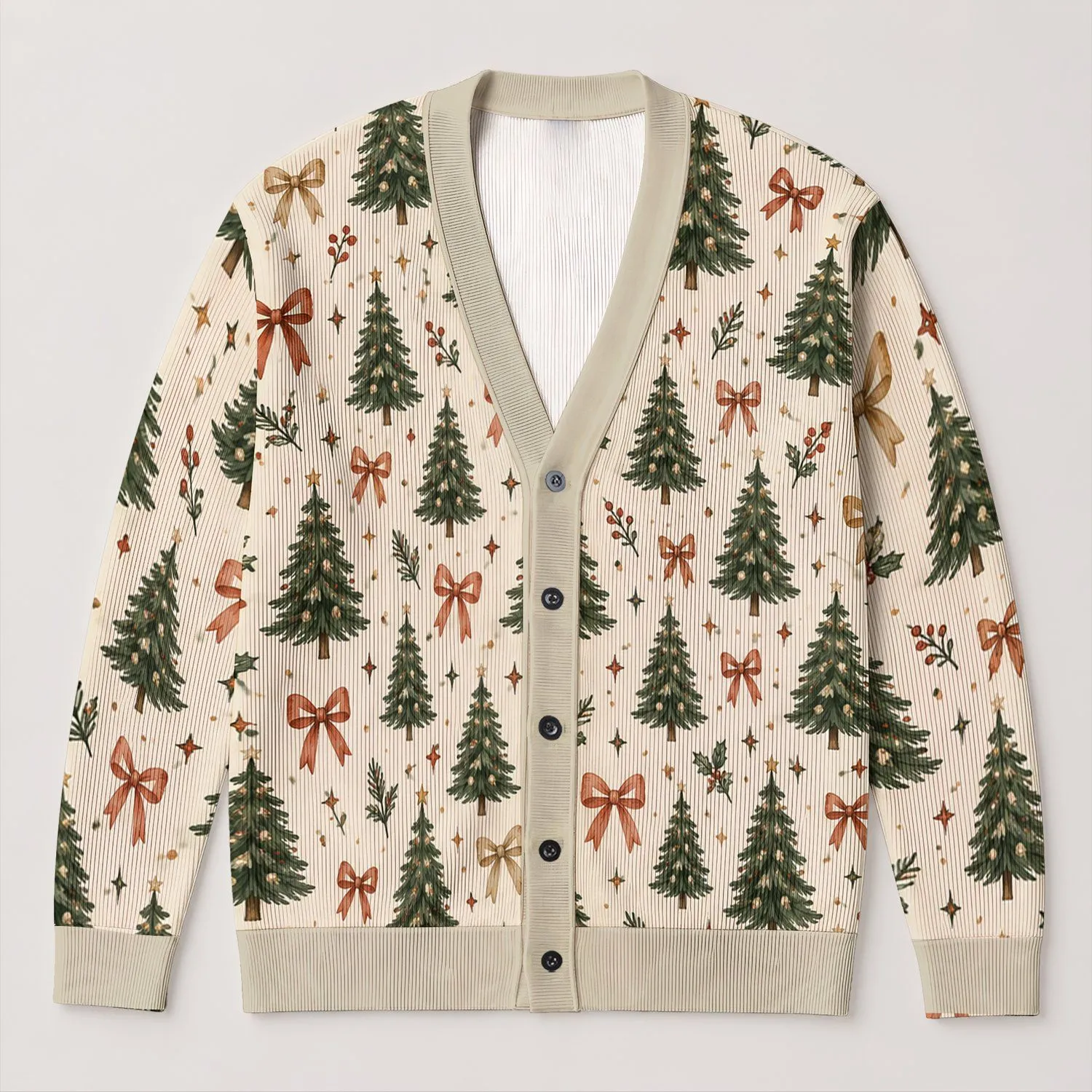 Evergreen Trees and Ribbon Bows for Cozy Holiday Gatherings and Everyday Winter Style All-over Print Knitted Cardigan - 1