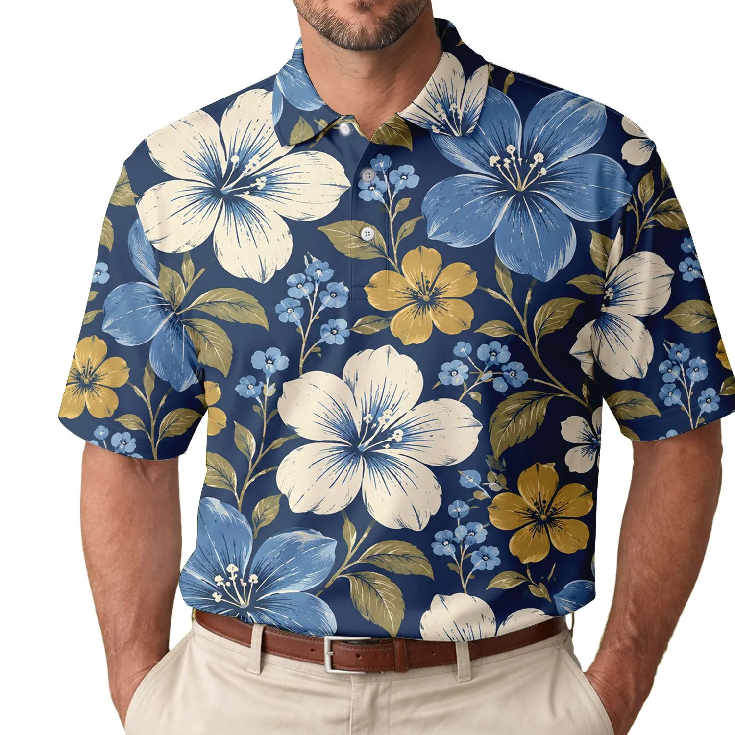 Navy Blue Retro Floral Golf Style for Summer Fairways and Vintage Resort Leisure Men's Polo Shirt - 1