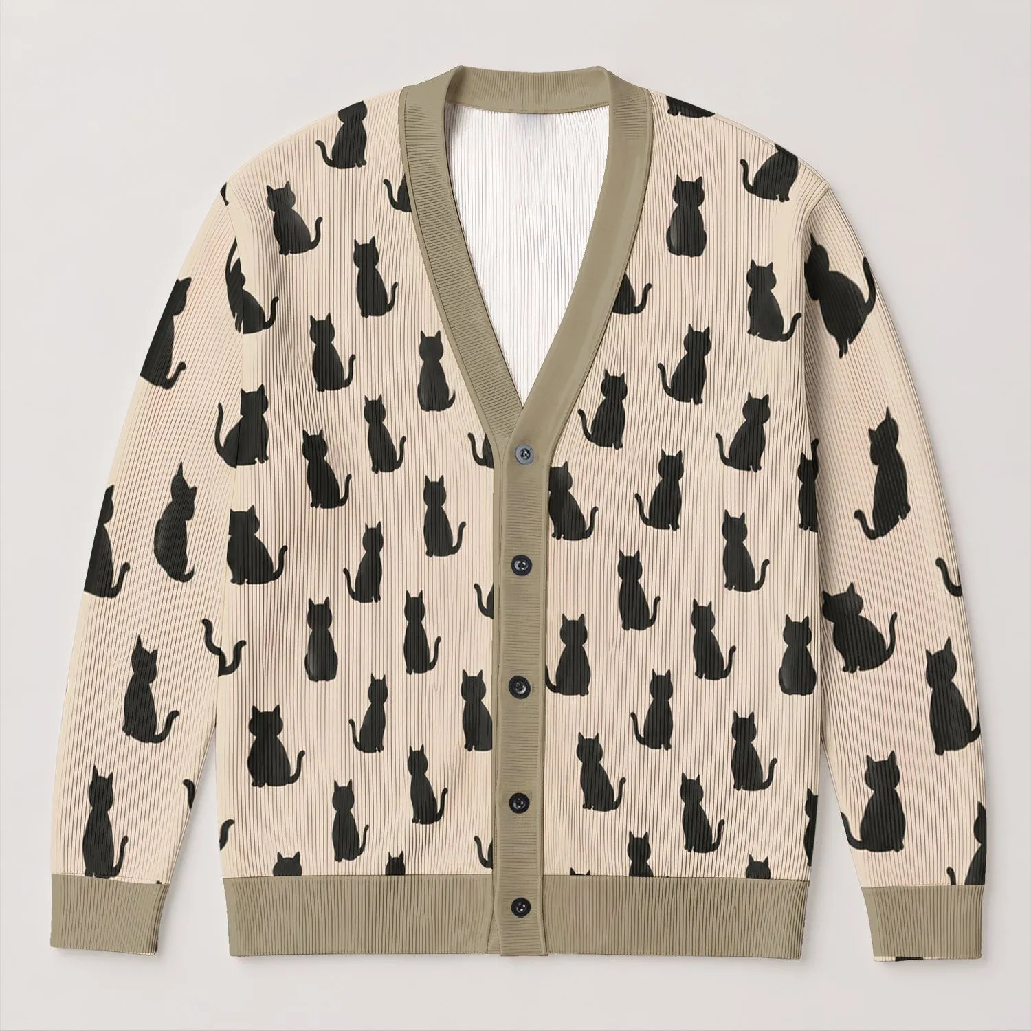 Black Cat Silhouettes in Warm Ivory for Cozy Everyday Layering and Casual Outings All-over Print Knitted Cardigan - 1