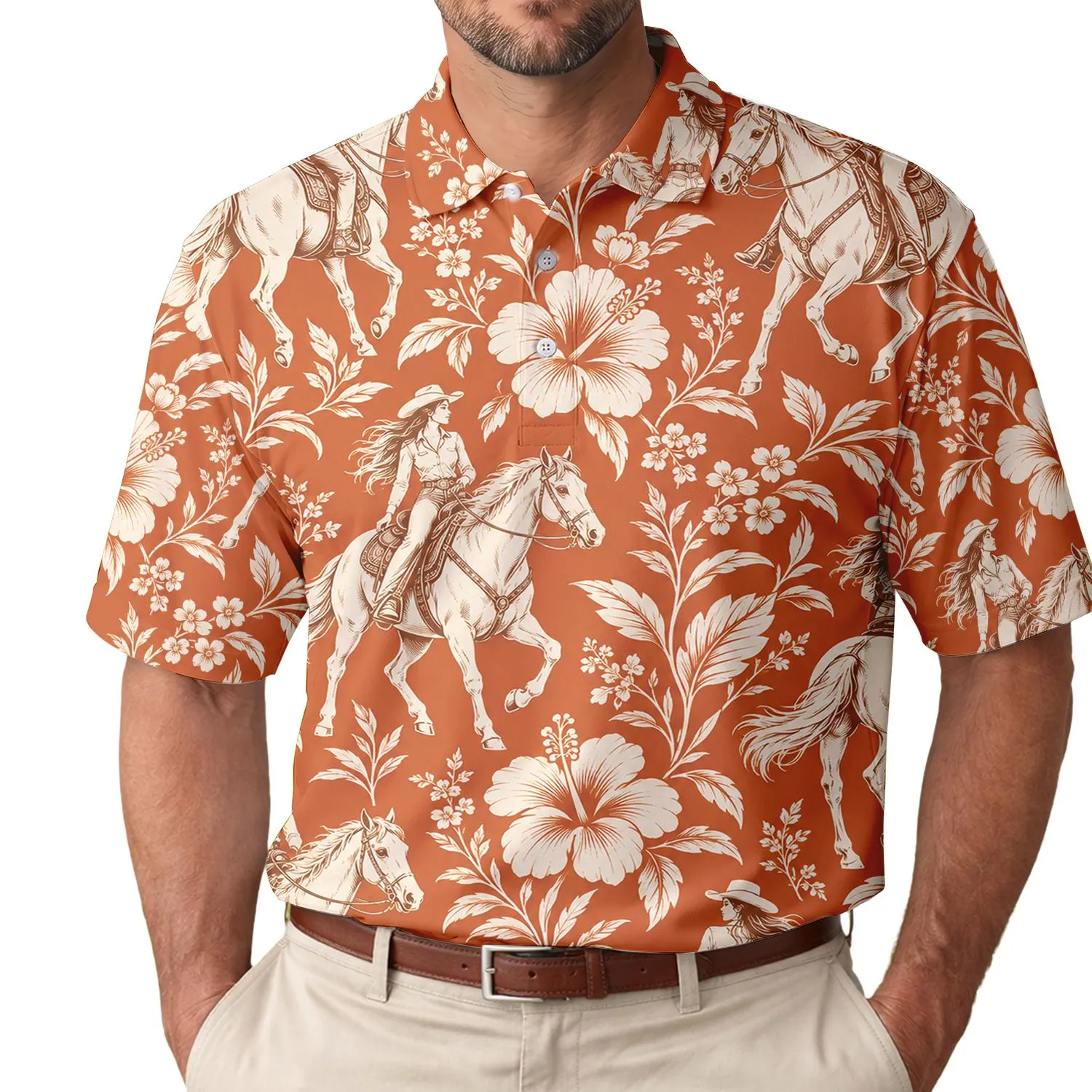 Orange Western Cowgirl Horseback Scenes for Country Golf Days and Equestrian Women Men's Polo Shirt - 1