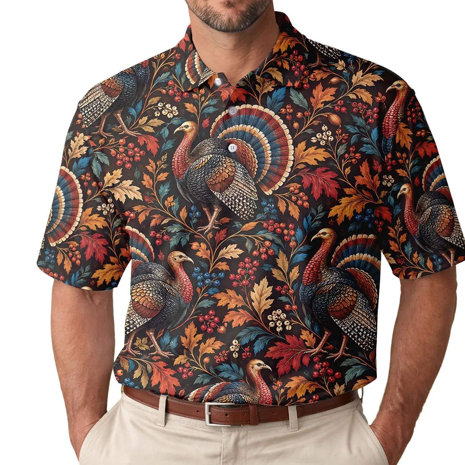 Autumn Turkey With Botanical Foliage For Thanksgiving Golf And Fall Outings For Women Men's Polo Shirt - 1