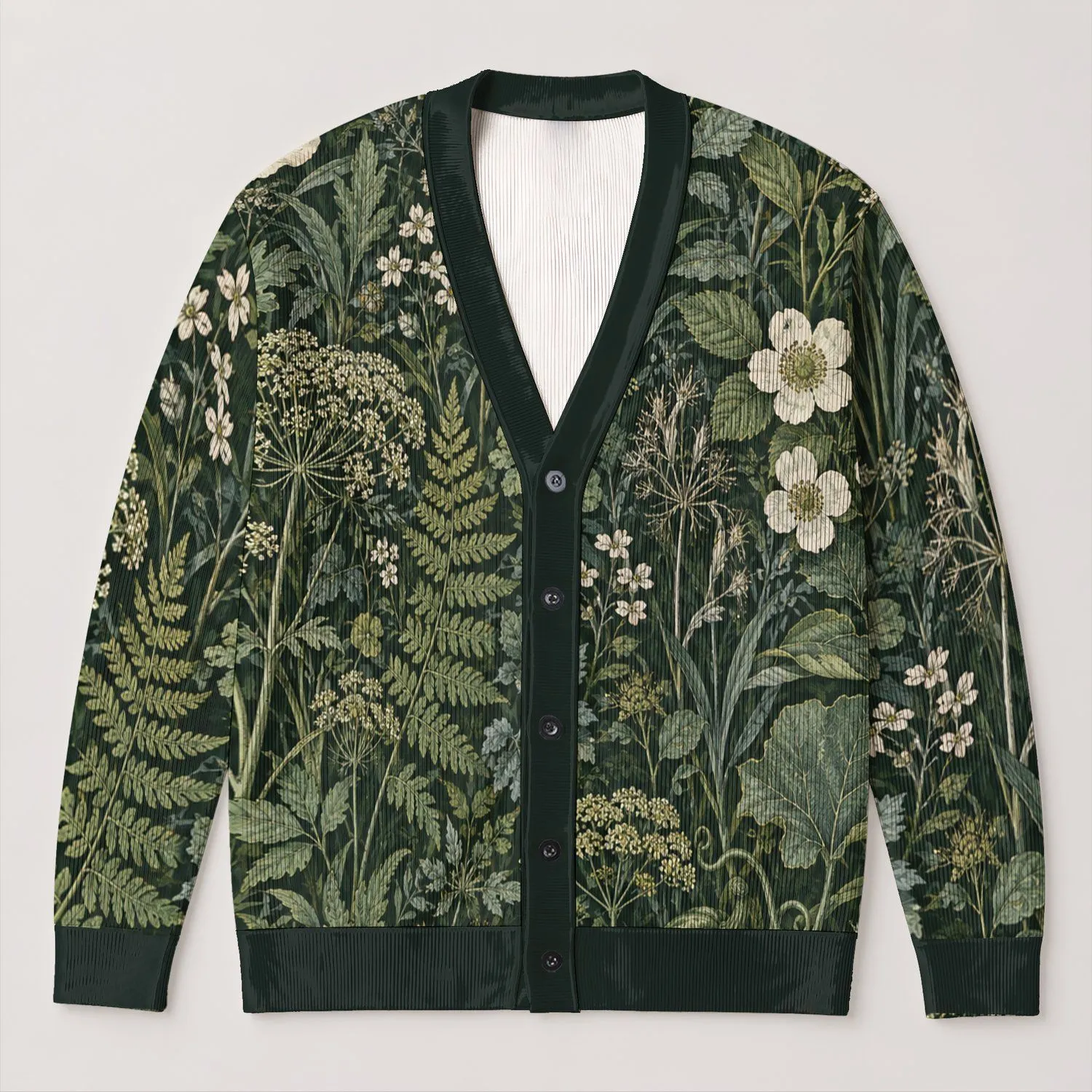 Dark Green Botanical Garden Foliage For Relaxed Everyday Layering And Nature Lovers All-over Print Knitted Cardigan - 1