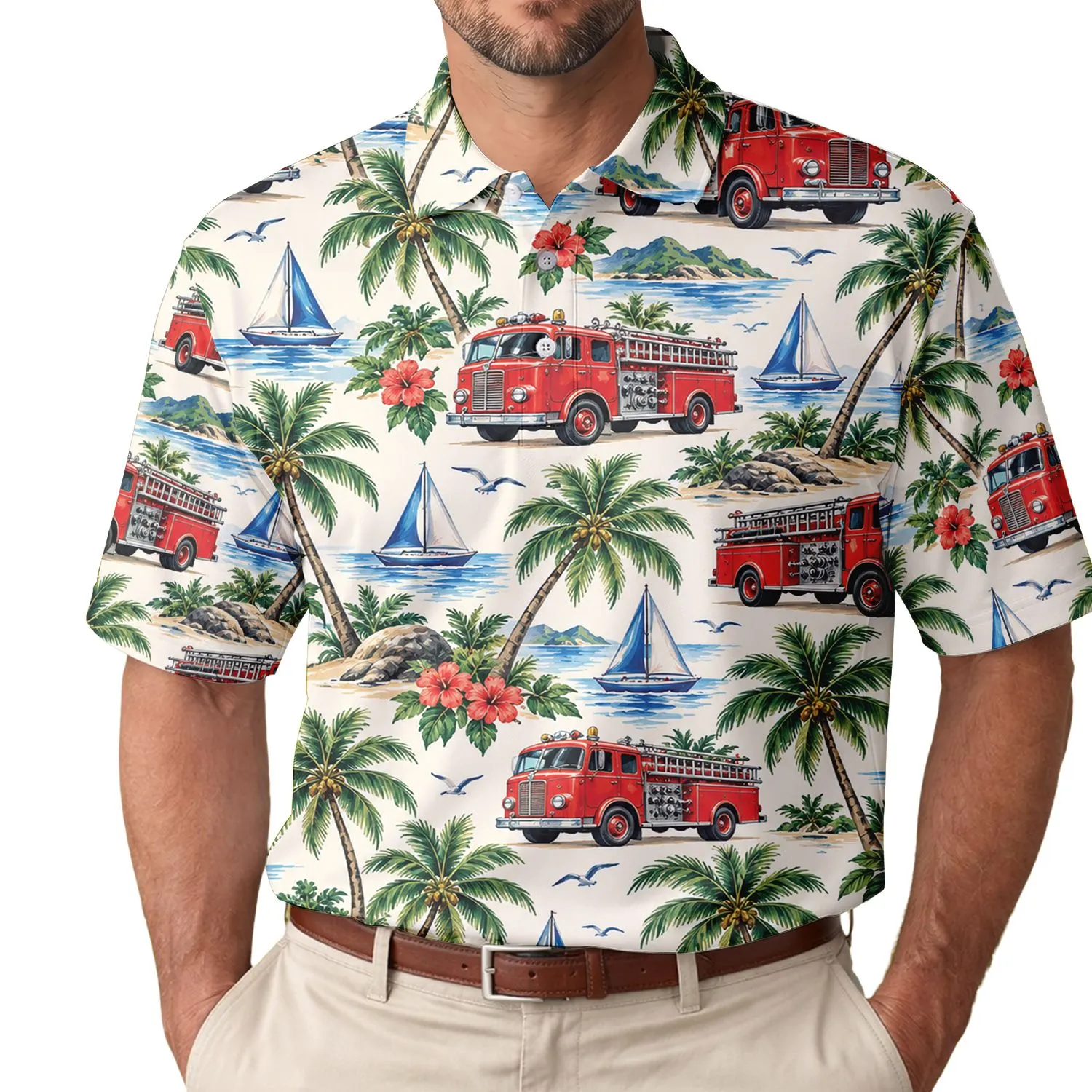 Tropical Fire Truck Golf Scene For Beach Days And Fairway Fun For Women Travelers Men's Polo Shirt - 1