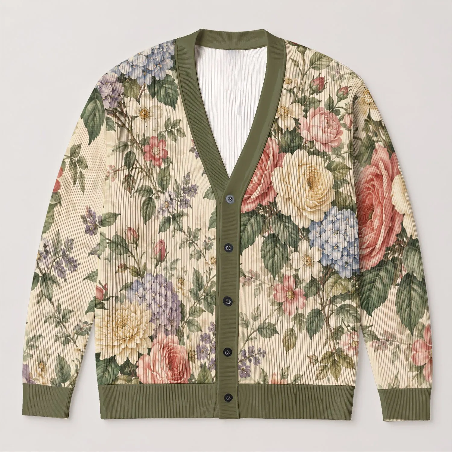 Vintage Cottage Garden Roses And Hydrangeas For Relaxed Everyday Layering, Women All-over Print Knitted Cardigan - 1