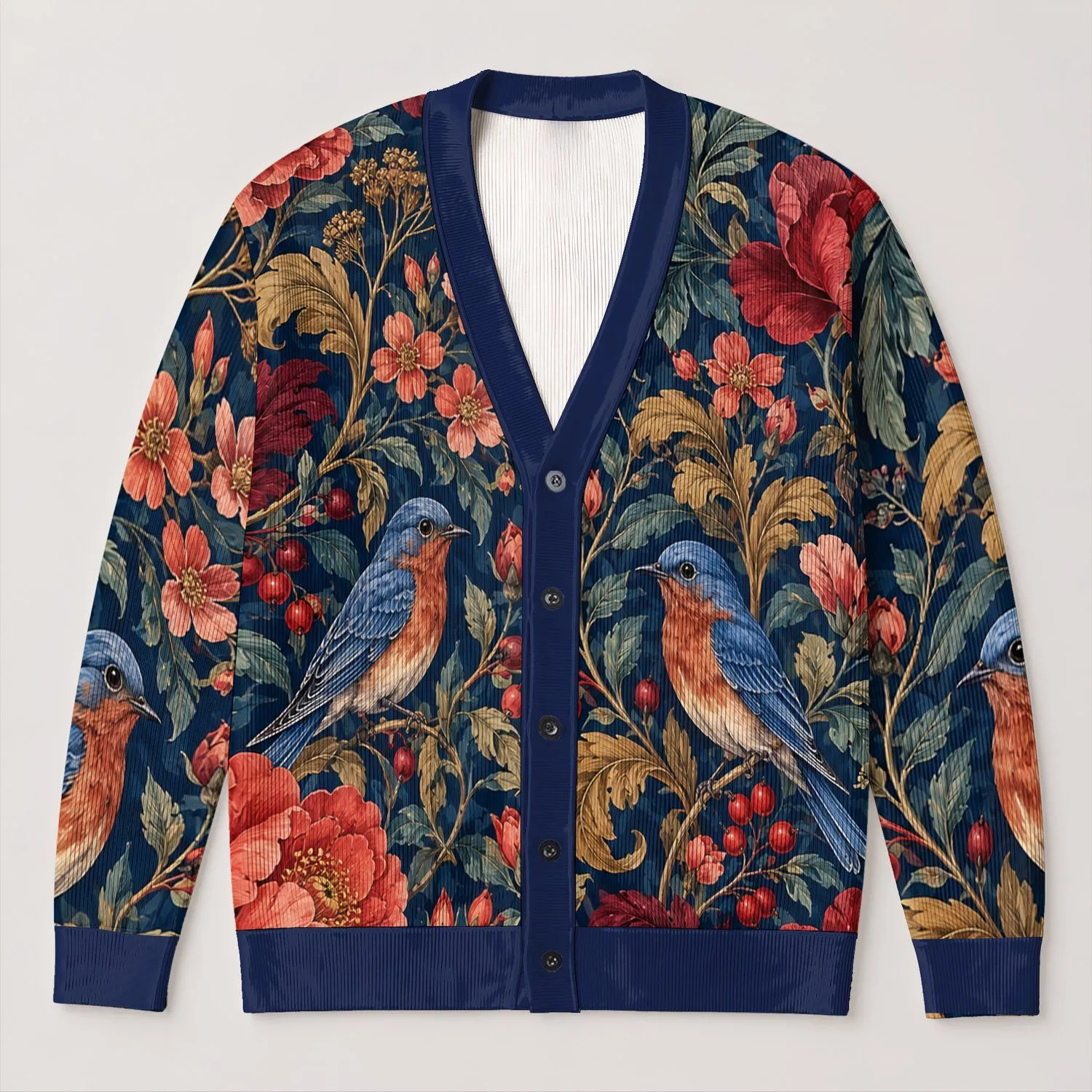 Navy Floral Birds Botanical Elegance for Everyday Outings and Casual Layering Women All-over Print Knitted Cardigan - 1