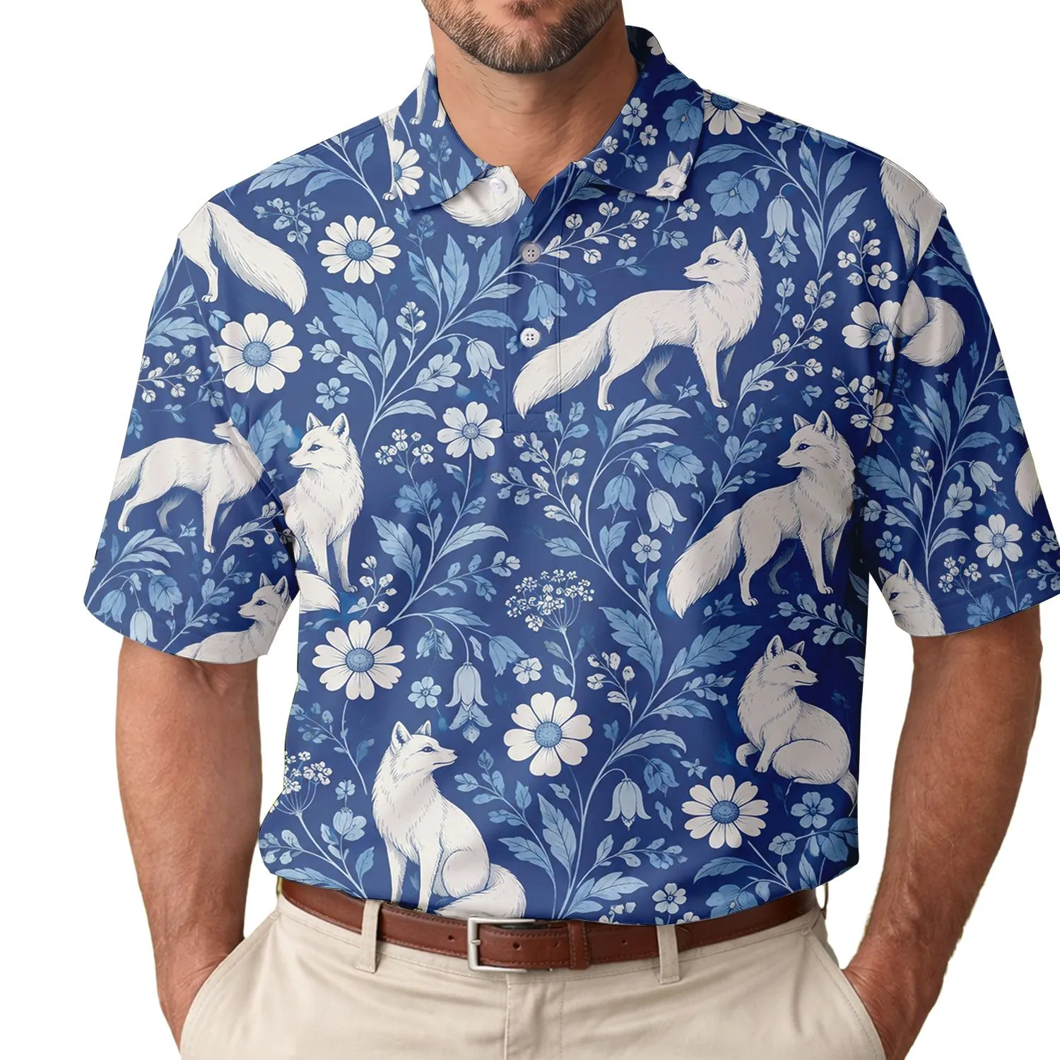 White Fox Botanical Golf Style for Woodland Lovers and Nature Loving Women Outdoors Men's Polo Shirt - 1
