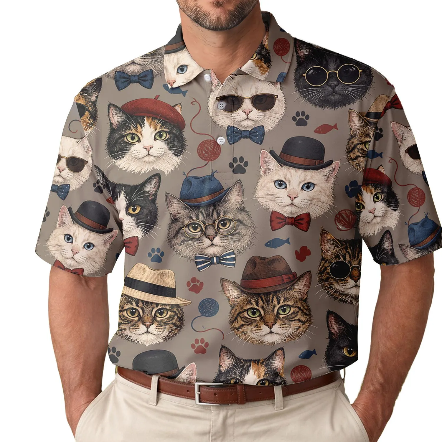 Stylish Cat Faces With Glasses And Hats For Golf Days, Travel, And Cat Lovers Everywhere Men's Polo Shirt - 1