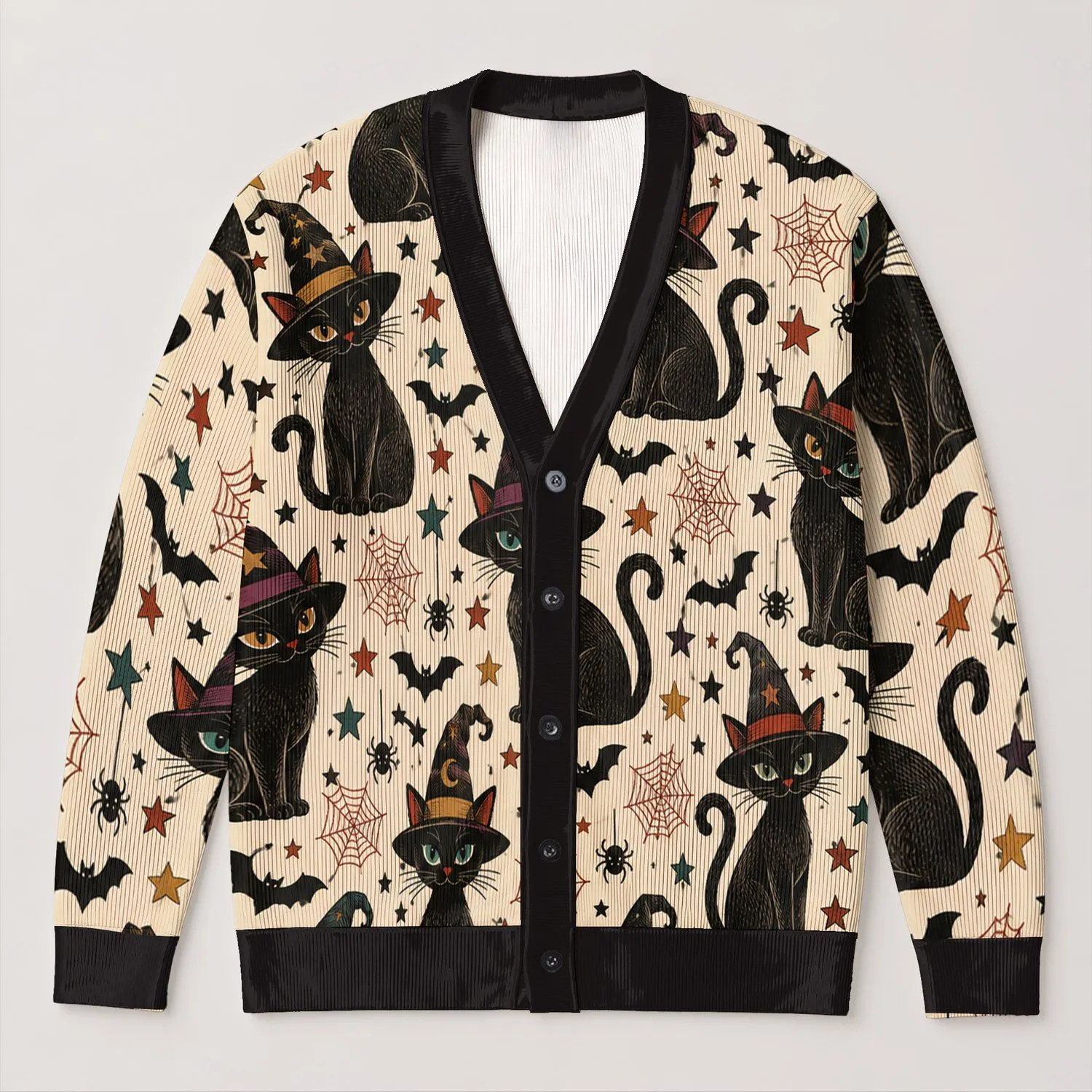 Witchy Black Cat Halloween Magic For Casual Everyday Layering Women And Fall Style All-over Print Knitted Cardigan - 1