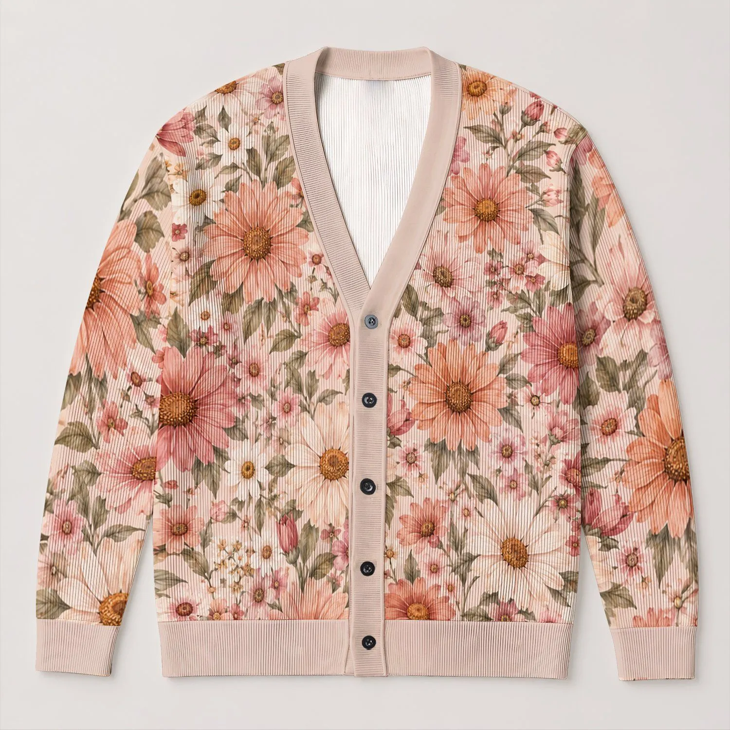 Romantic Blush Daisy Blooms for Everyday Elegance and Feminine Casual Layering Looks All-over Print Knitted Cardigan - 1