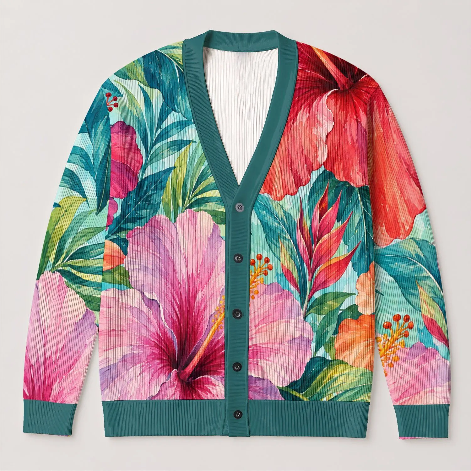 Oversized Tropical Hibiscus Blooms for Bright Everyday Layering and Relaxed Resort Style All-over Print Knitted Cardigan - 1