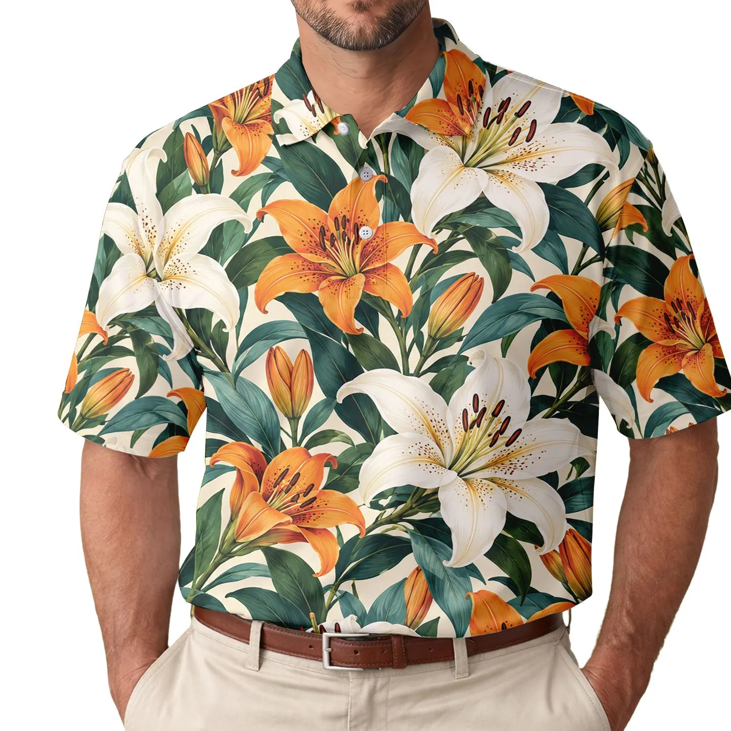 Orange Lily Tropical Floral Golf Style For Resort Days And Clubhouse Leisure Women Men's Polo Shirt - 1