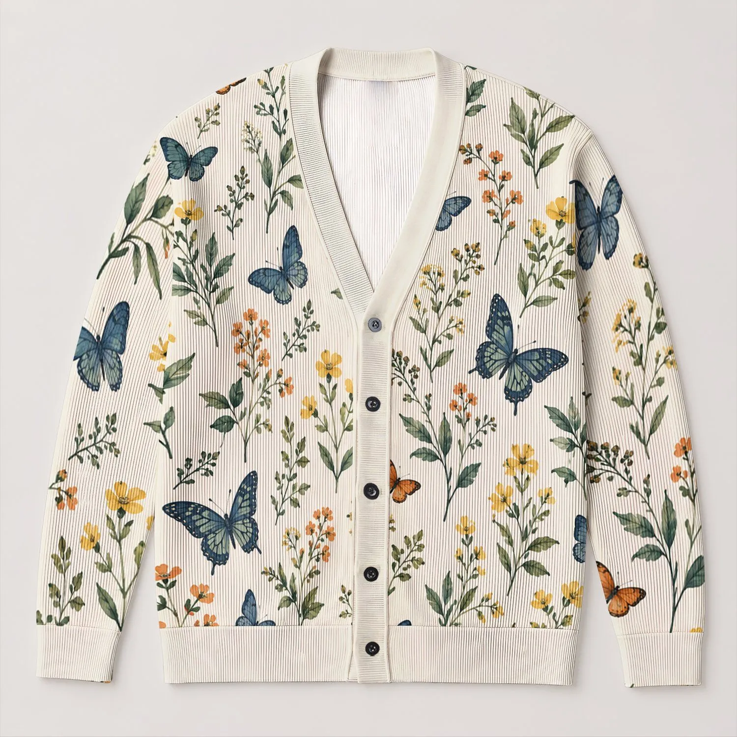 Botanical Butterfly Garden Motif for Boho Holiday Outings and Casual Layering Style All-over Print Knitted Cardigan - 1