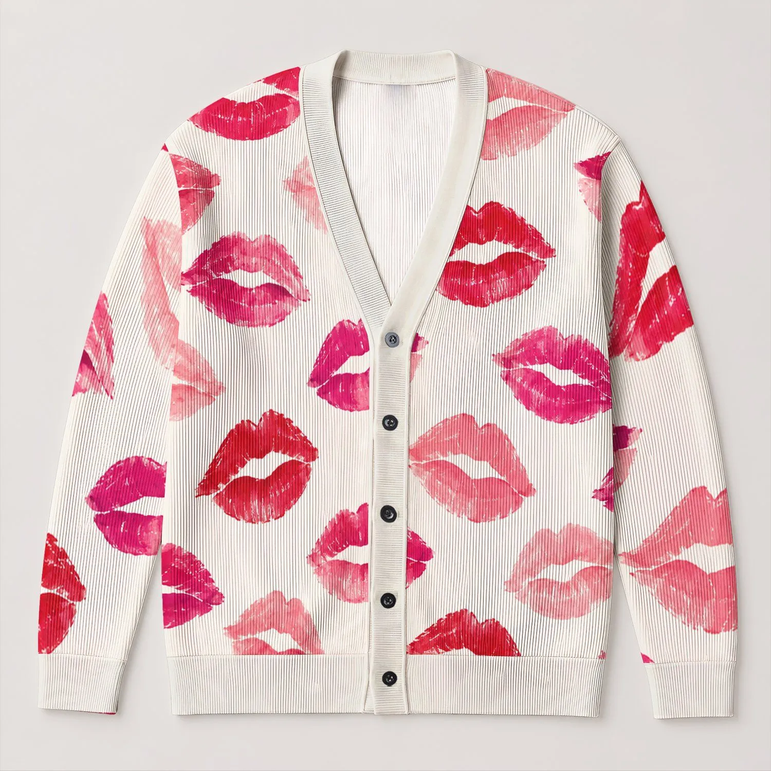 Bold Playful Pink Lips for Date Nights, Vacations, and Easy Everyday Style for Women All-over Print Knitted Cardigan - 1
