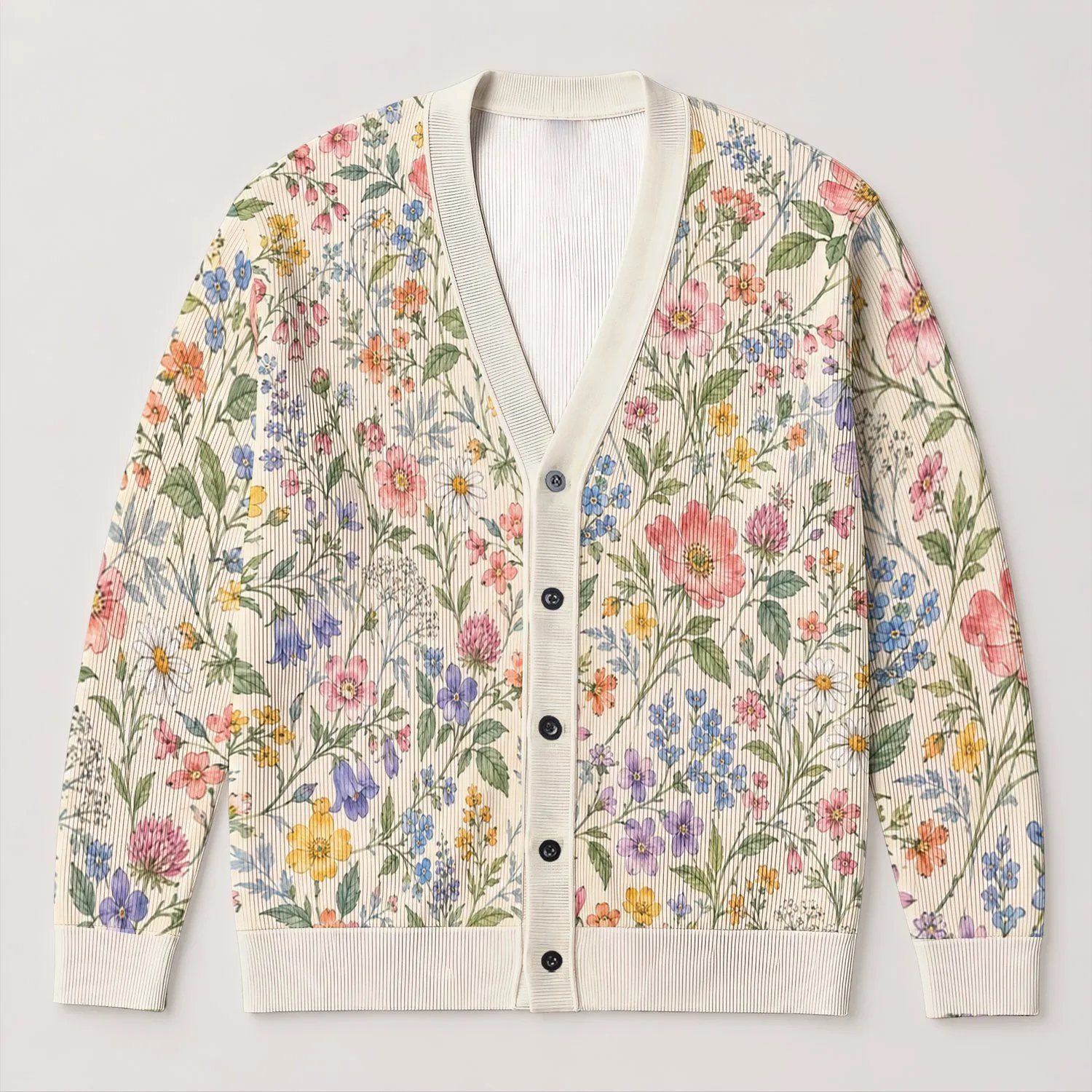 Pastel Wildflower Garden for Spring Layering, Casual Holidays, and Everyday Women All-over Print Knitted Cardigan - 1