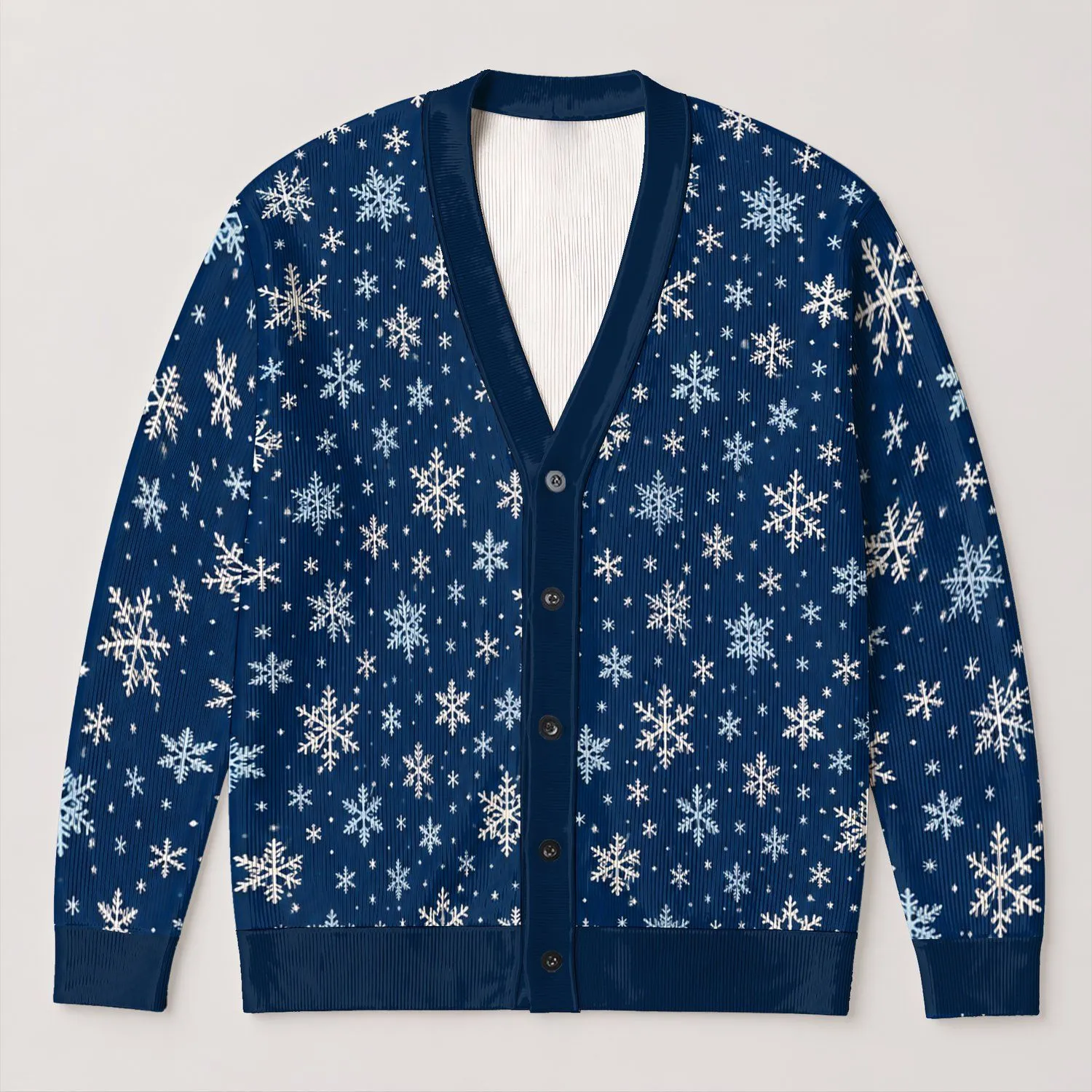 Navy Snowflake Motifs for Cozy Holiday Layering and Everyday Winter Style for All Women All-over Print Knitted Cardigan - 1