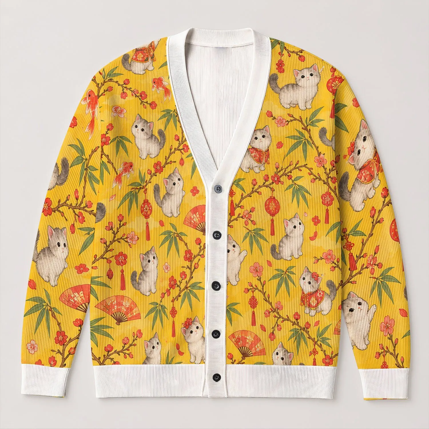 Charming Cat Garden Scene for Relaxed Weekend Layering and Everyday Casual Style All-over Print Knitted Cardigan - 1